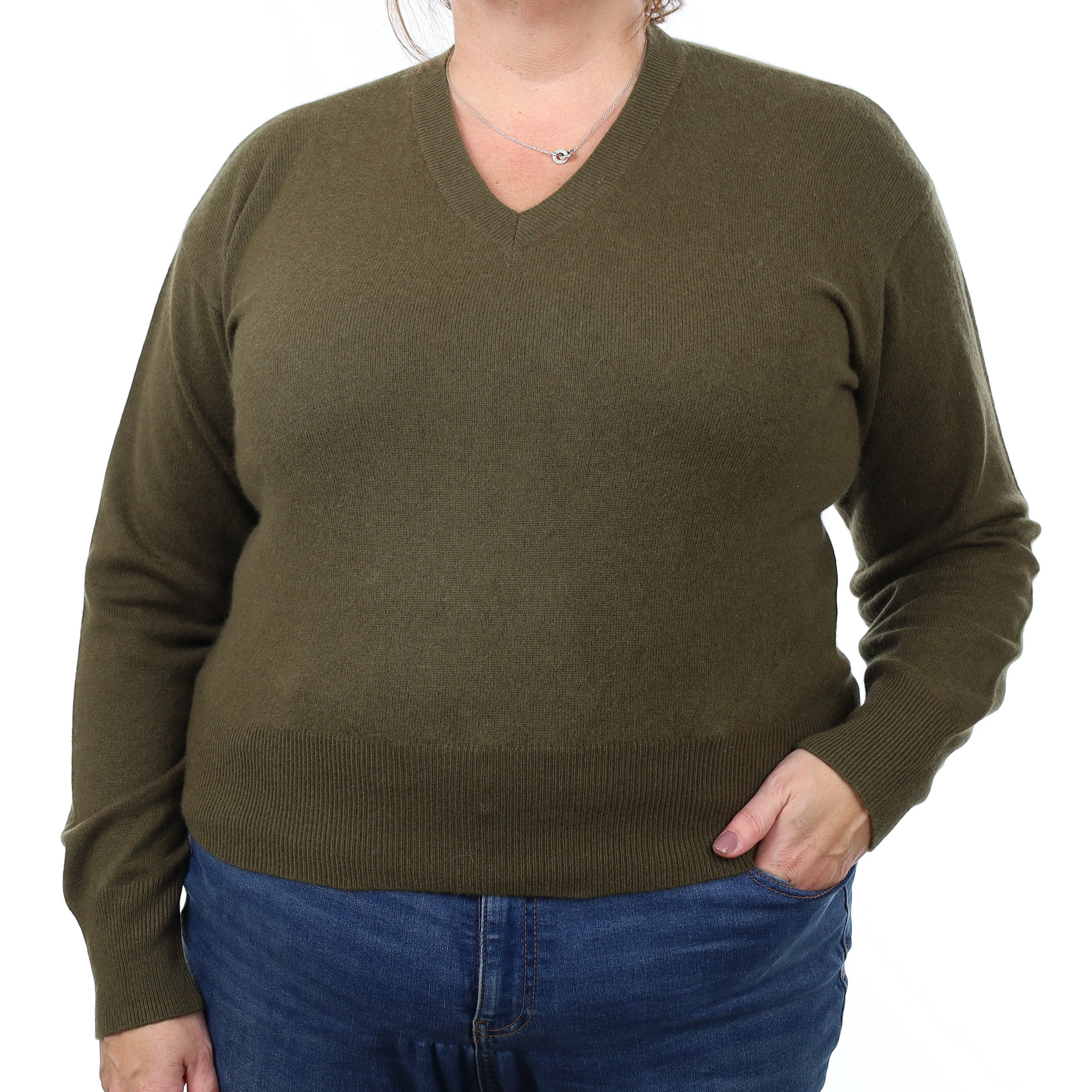 Army Green Cashmere V Neck Jumper Extra Large