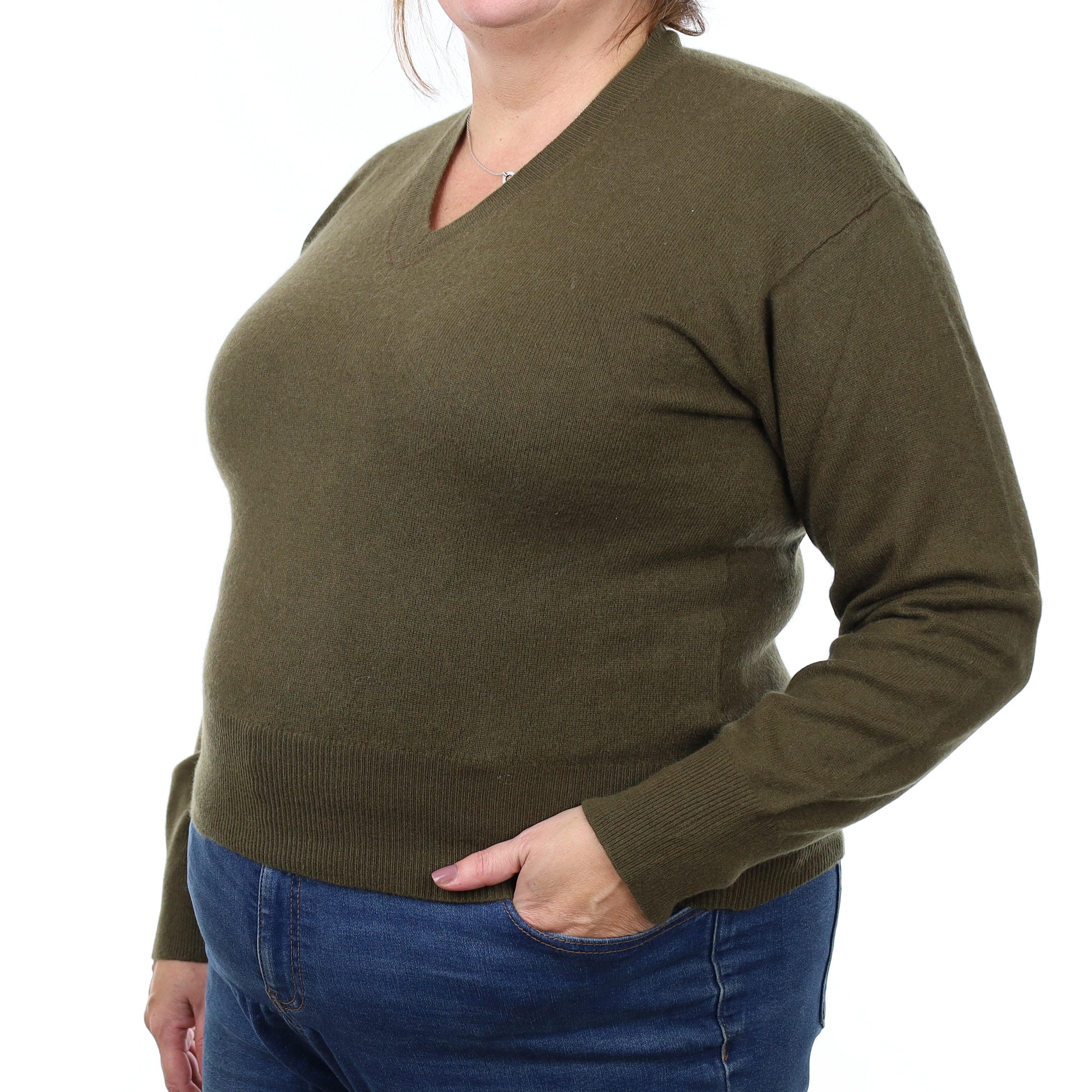 Army Green Cashmere V Neck Jumper Extra Large