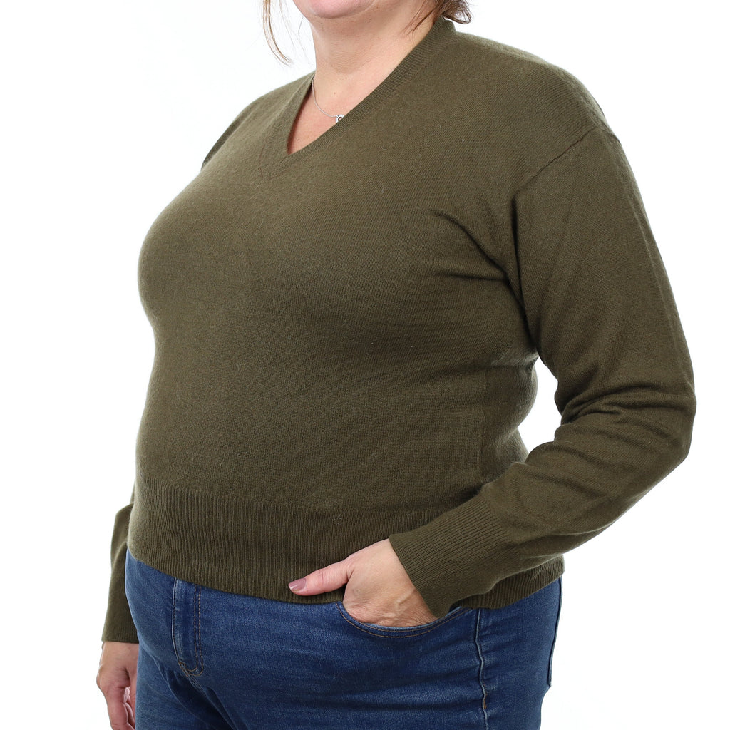 Army Green Cashmere V Neck Jumper Extra Large
