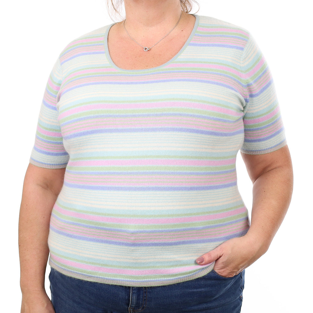 Blue Striped Cashmere Short Sleeved Crew Neck Jumper Extra Large