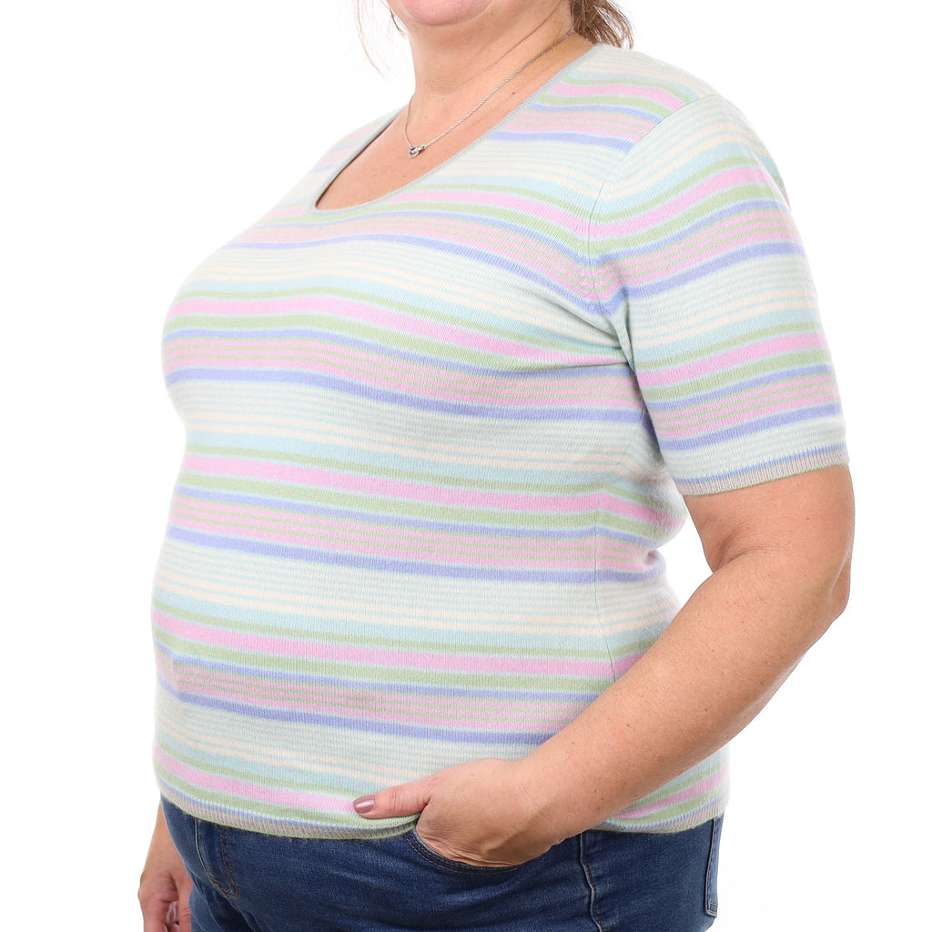 Blue Striped Cashmere Short Sleeved Crew Neck Jumper Extra Large