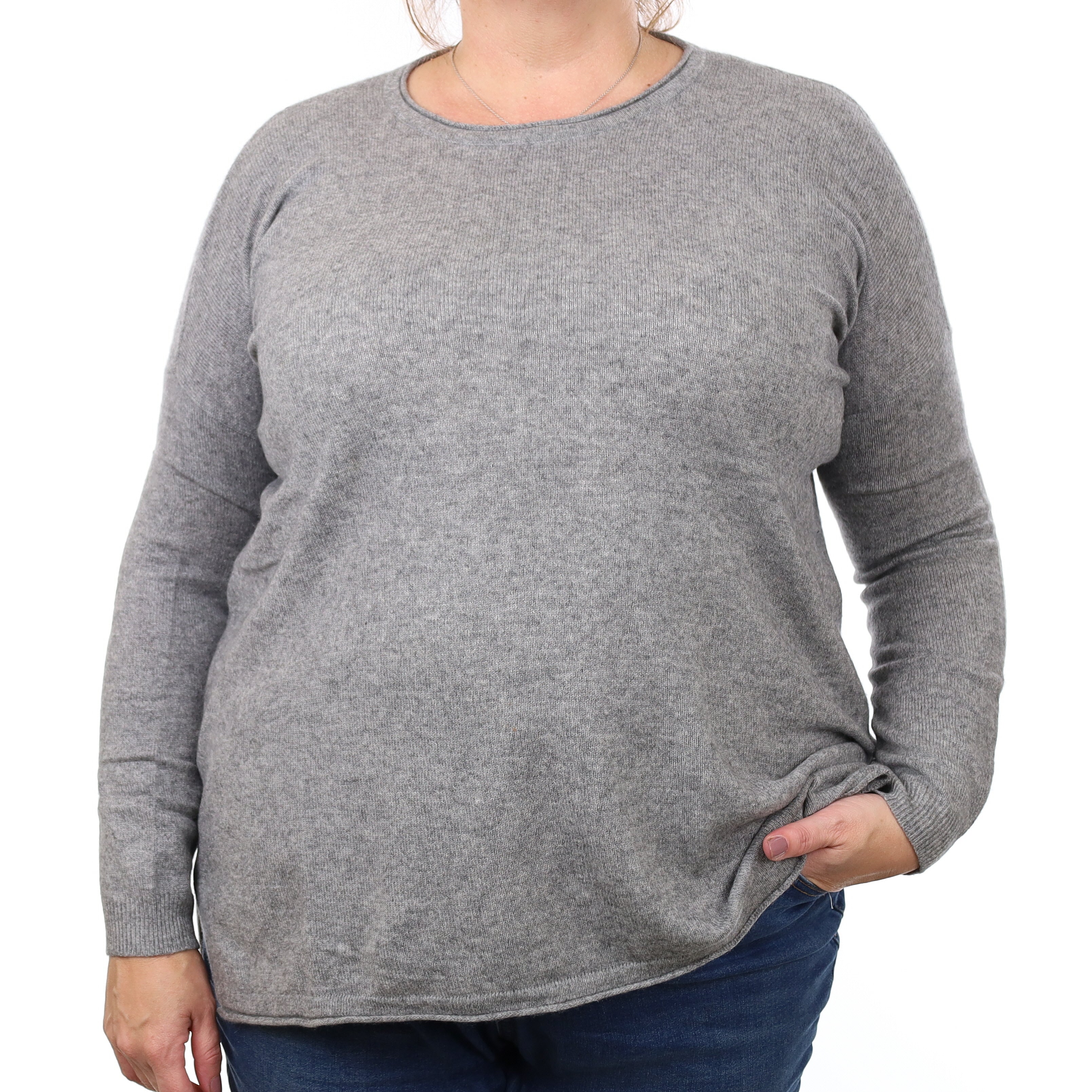 Ash Grey Lightweight Cashmere Longline Crew Neck Jumper Extra Large
