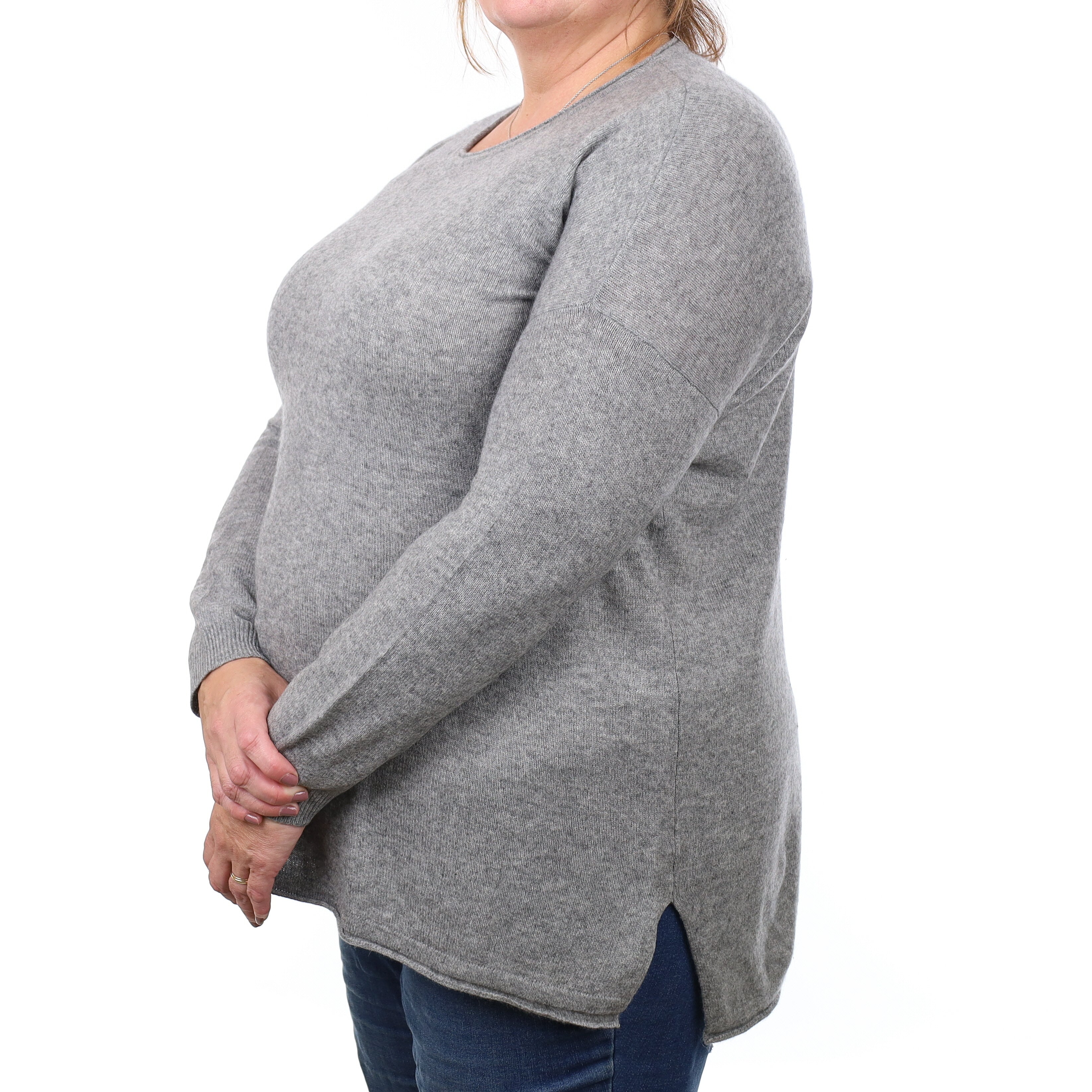 Ash Grey Lightweight Cashmere Longline Crew Neck Jumper Extra Large