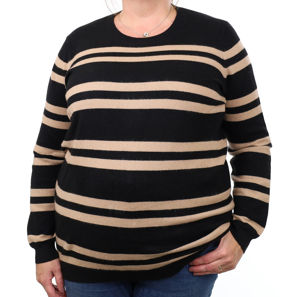 Black and Camel Striped Cashmere Crew Neck Jumper Extra Large