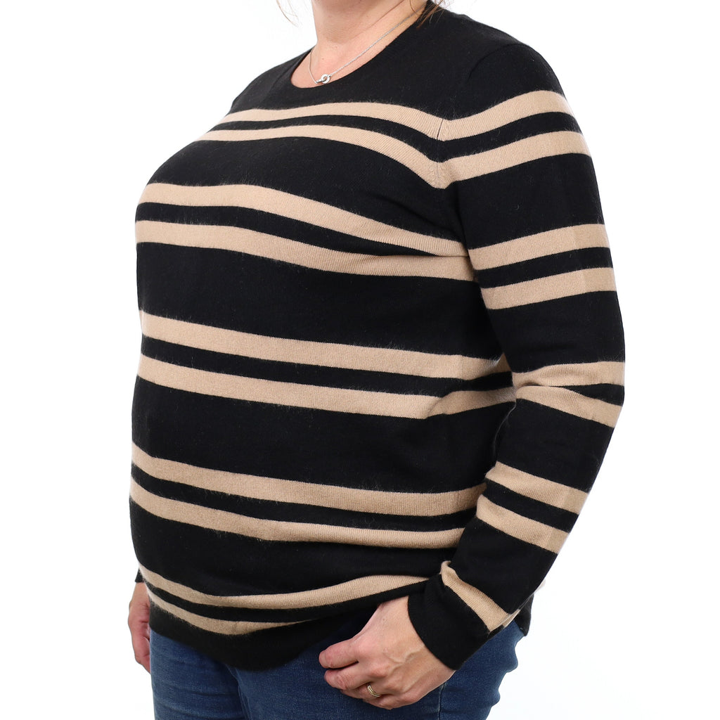 Black and Camel Striped Cashmere Crew Neck Jumper Extra Large