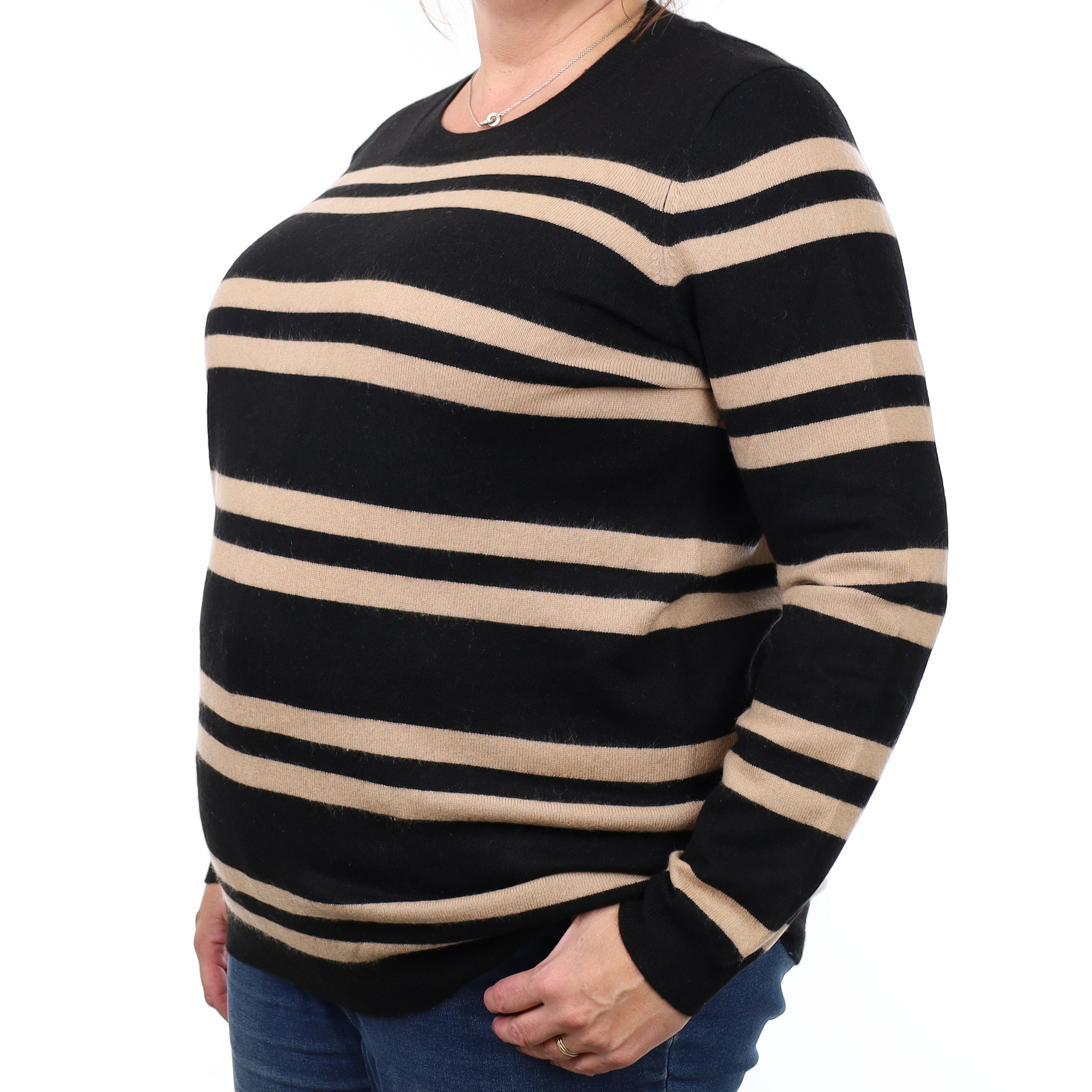 Black and Camel Striped Cashmere Crew Neck Jumper Extra Large