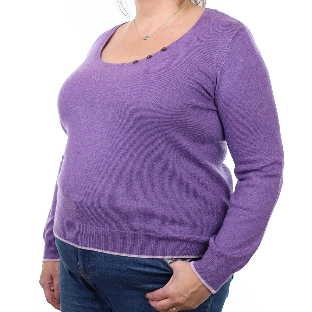 Wisteria Purple Cashmere Buttoned Scoop Neck Jumper Extra Large