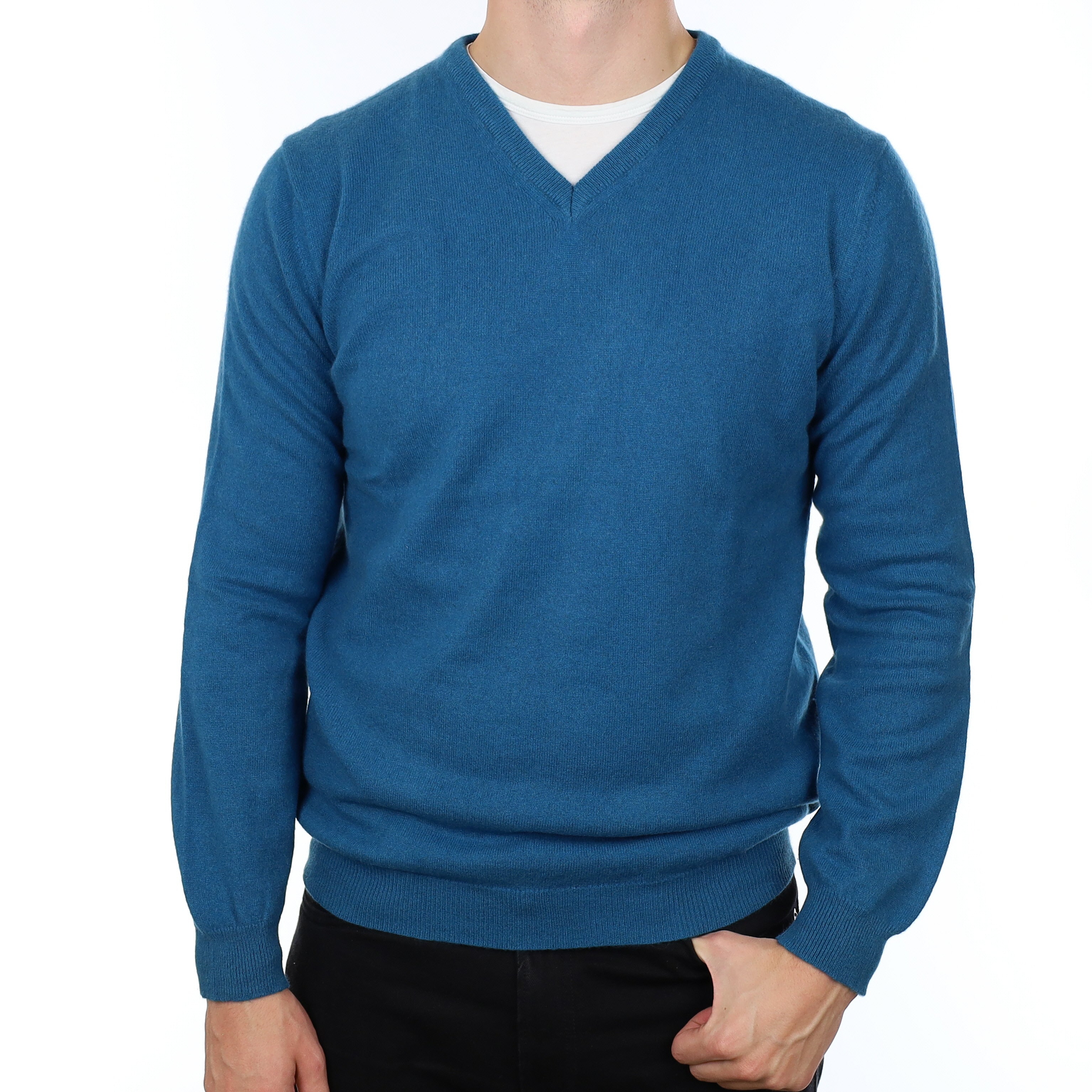 Men's Deep Peacock Blue Cashmere V Neck Jumper XL