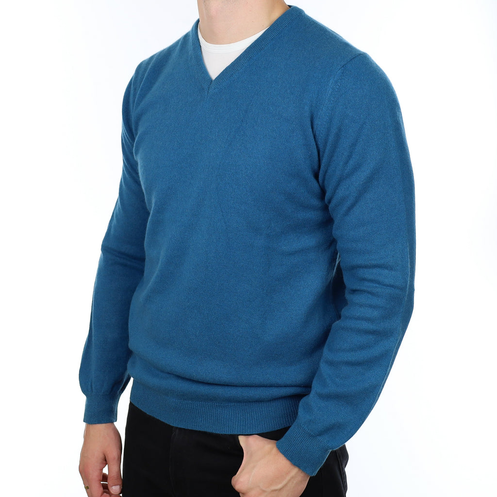 Men's Deep Peacock Blue Cashmere V Neck Jumper XL