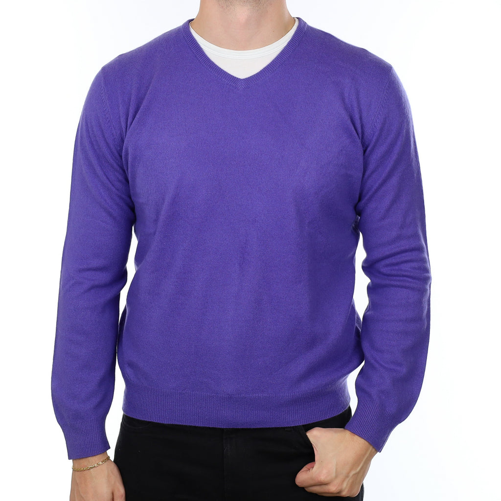 Men's Wisteria Purple Cashmere V Neck Jumper XL