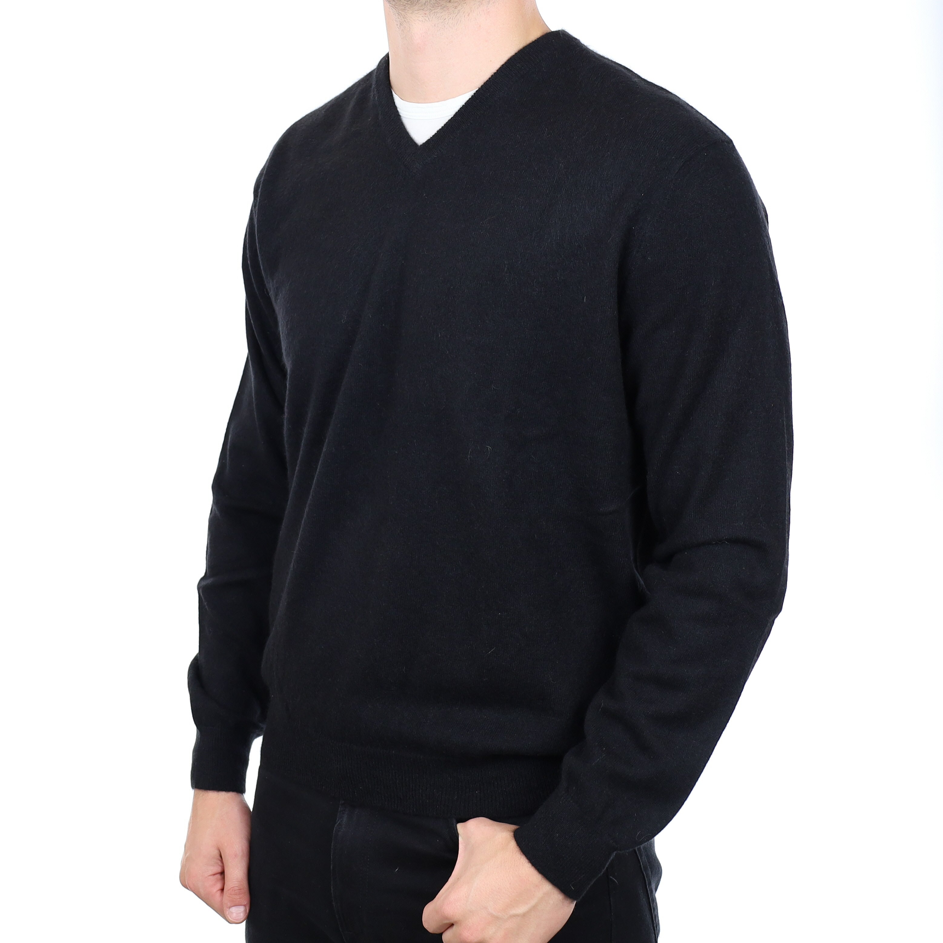 Men's Black Cashmere V Neck Jumper XL