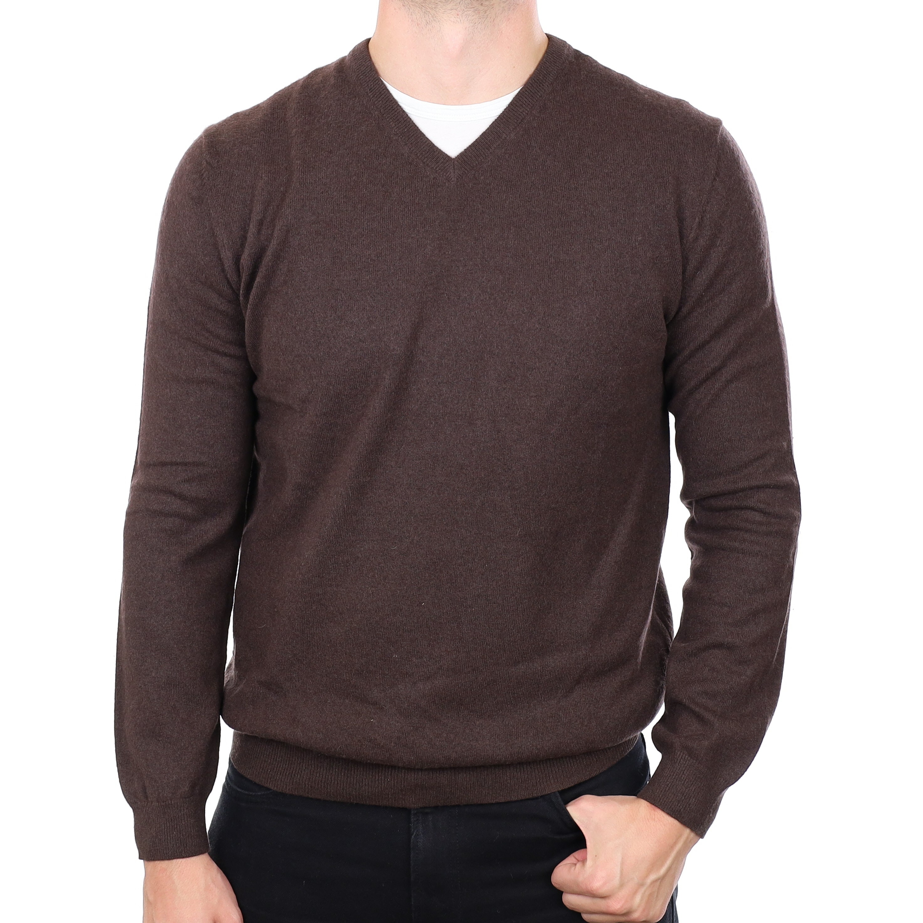 Men's Black Coffee Brown Cashmere V Neck Jumper XL