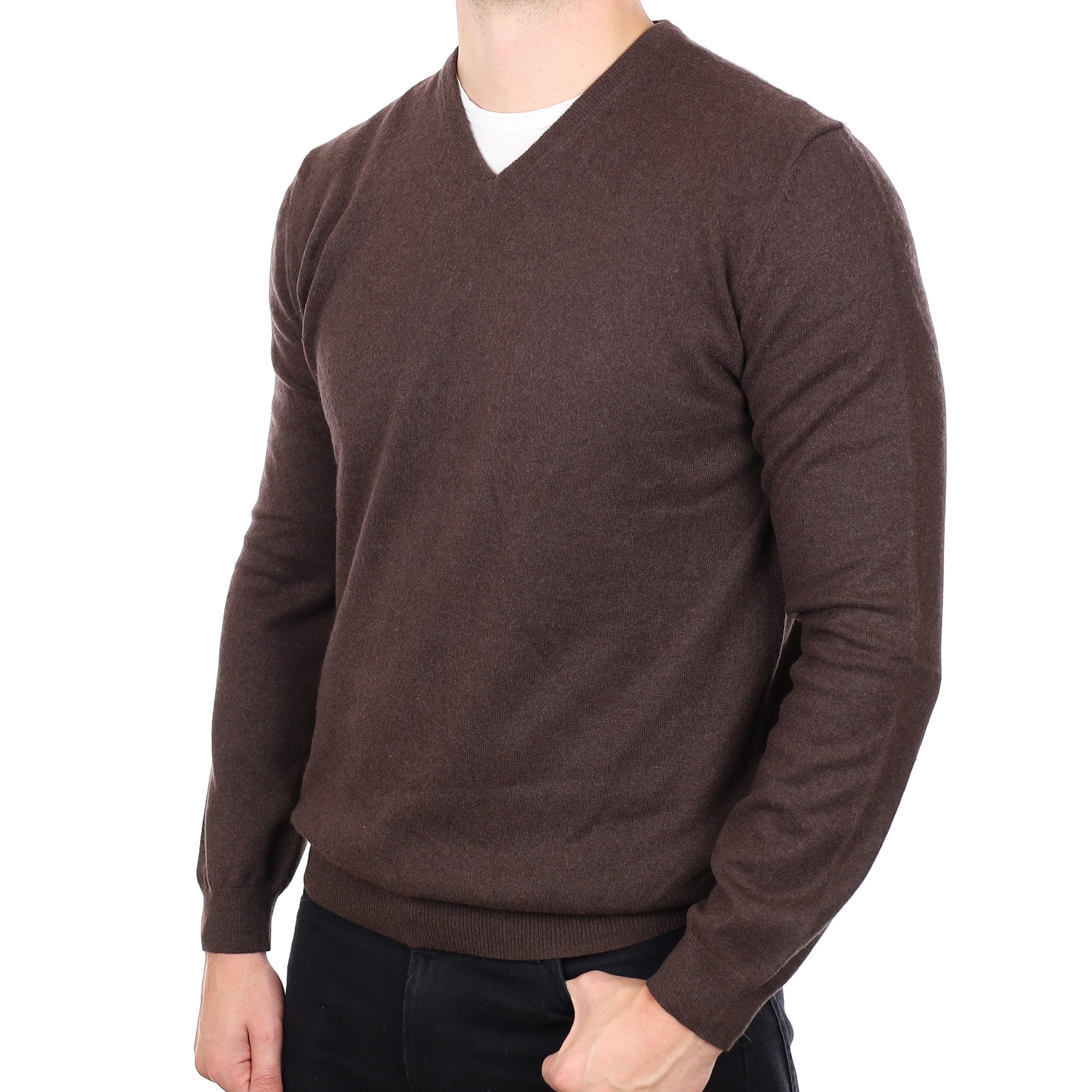 Men's Black Coffee Brown Cashmere V Neck Jumper XL