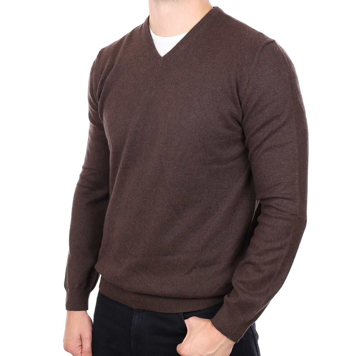 Men's Black Coffee Brown Cashmere V Neck Jumper XL