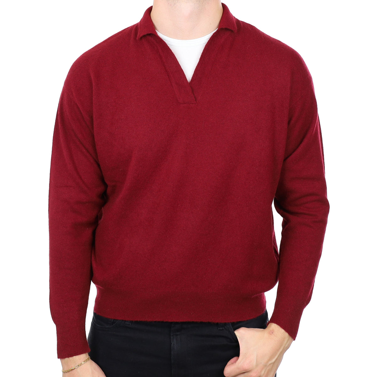 Men's Scottish Burgundy Cashmere Collard V Neck Jumper XXL