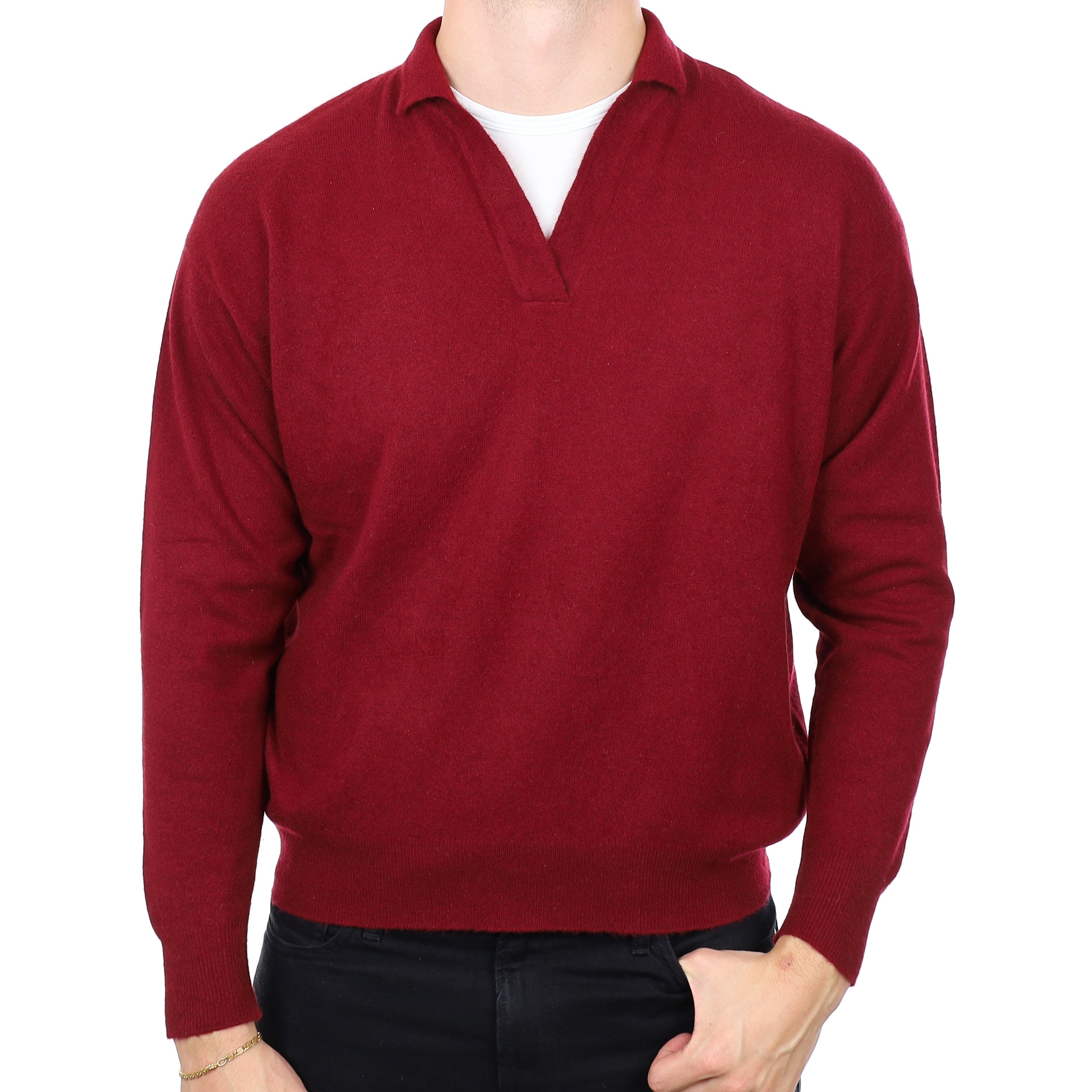Men's Scottish Burgundy Cashmere Collard V Neck Jumper XXL