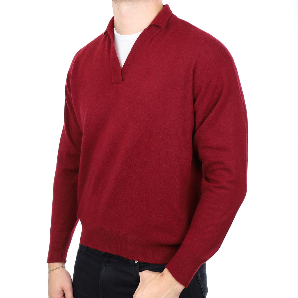 Men's Scottish Burgundy Cashmere Collard V Neck Jumper XXL