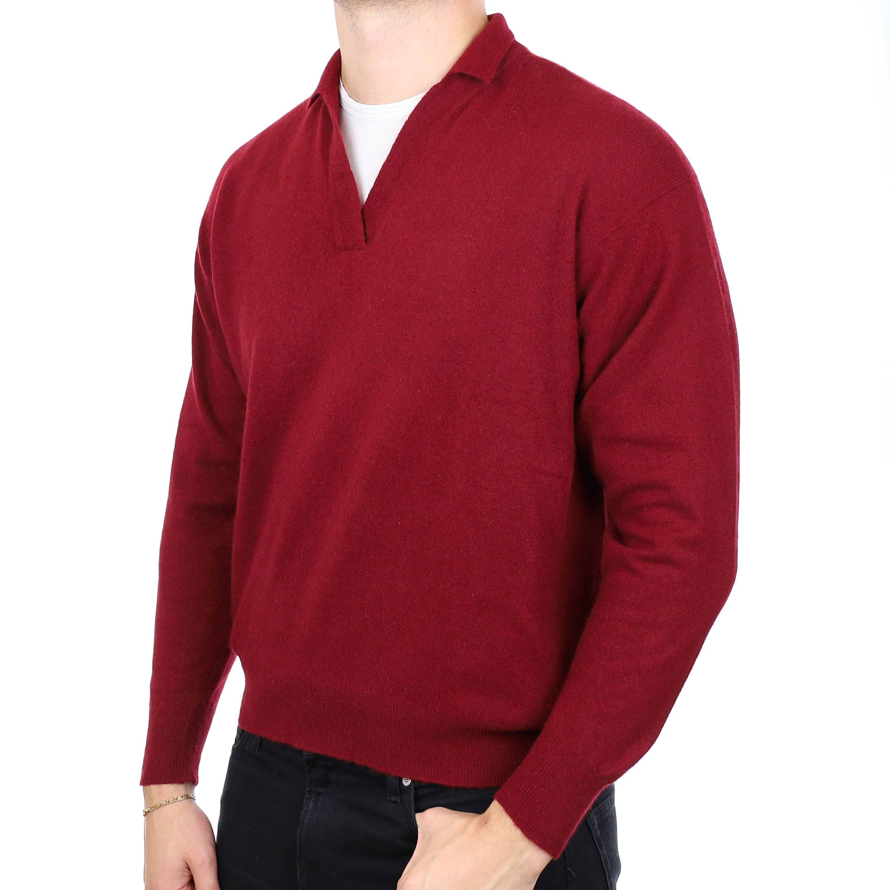 Men's Scottish Burgundy Cashmere Collard V Neck Jumper XXL
