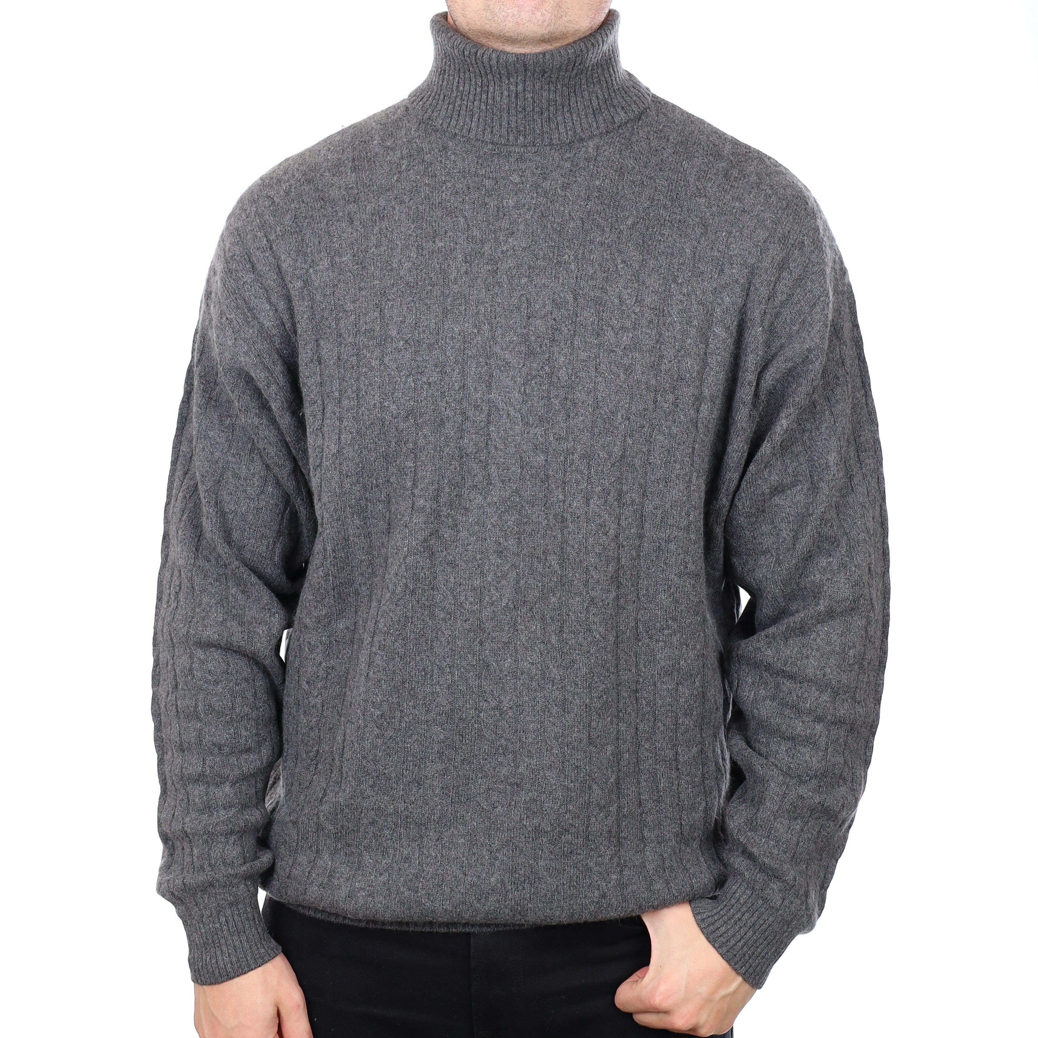 Men's Slate Grey Cable Knit Cashmere Polo Neck Jumper 3XL