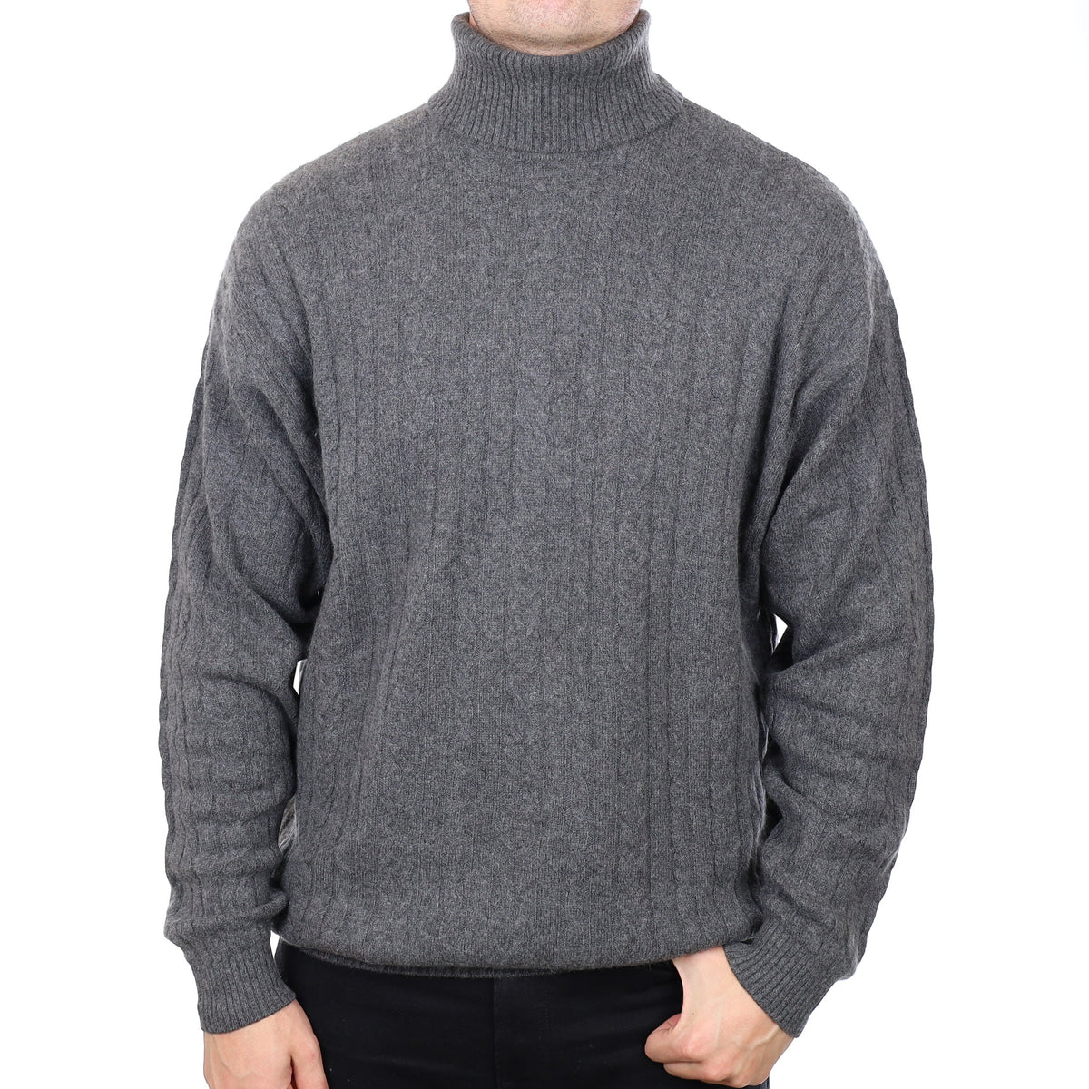 Men's Slate Grey Cable Knit Cashmere Polo Neck Jumper 3XL