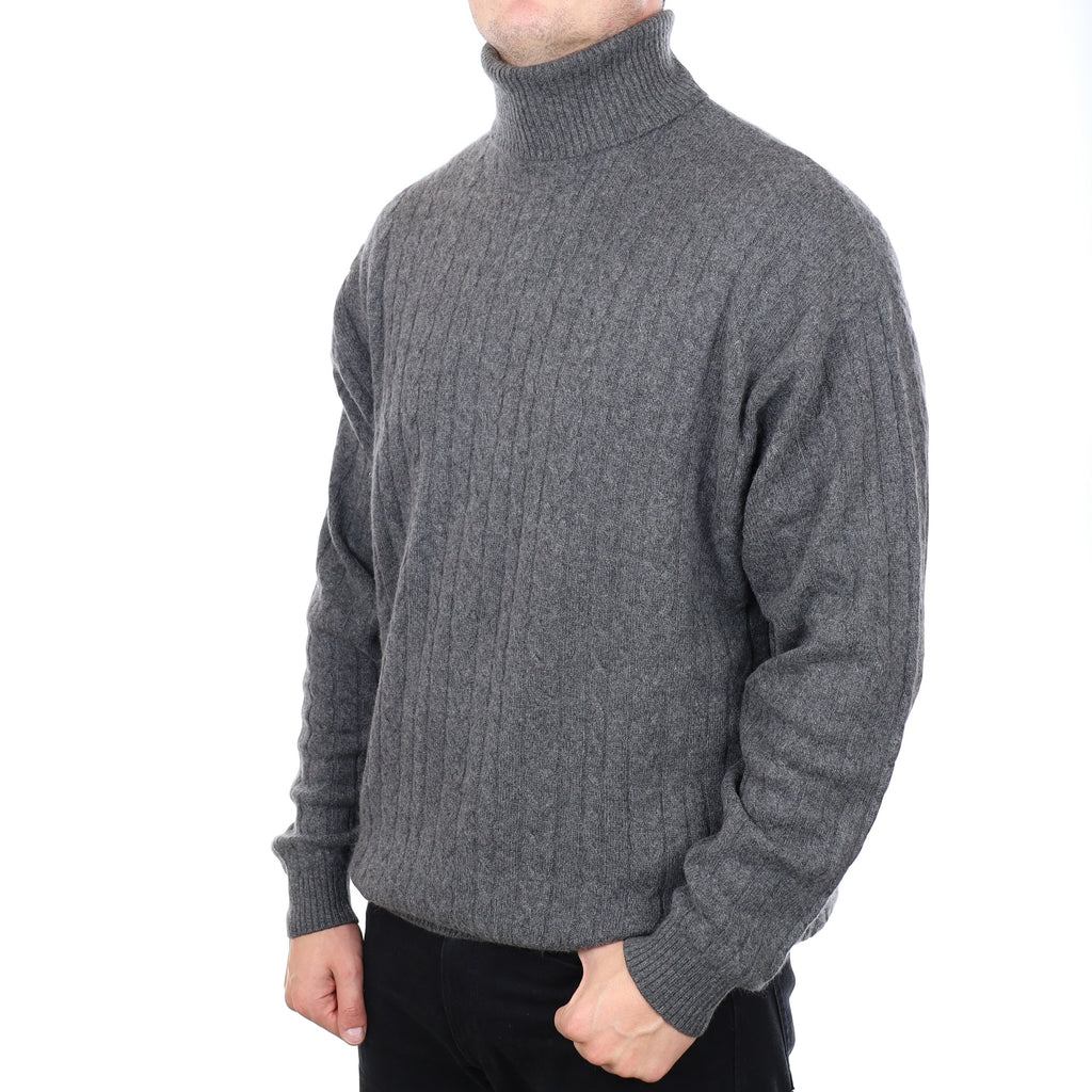 Men's Slate Grey Cable Knit Cashmere Polo Neck Jumper 3XL