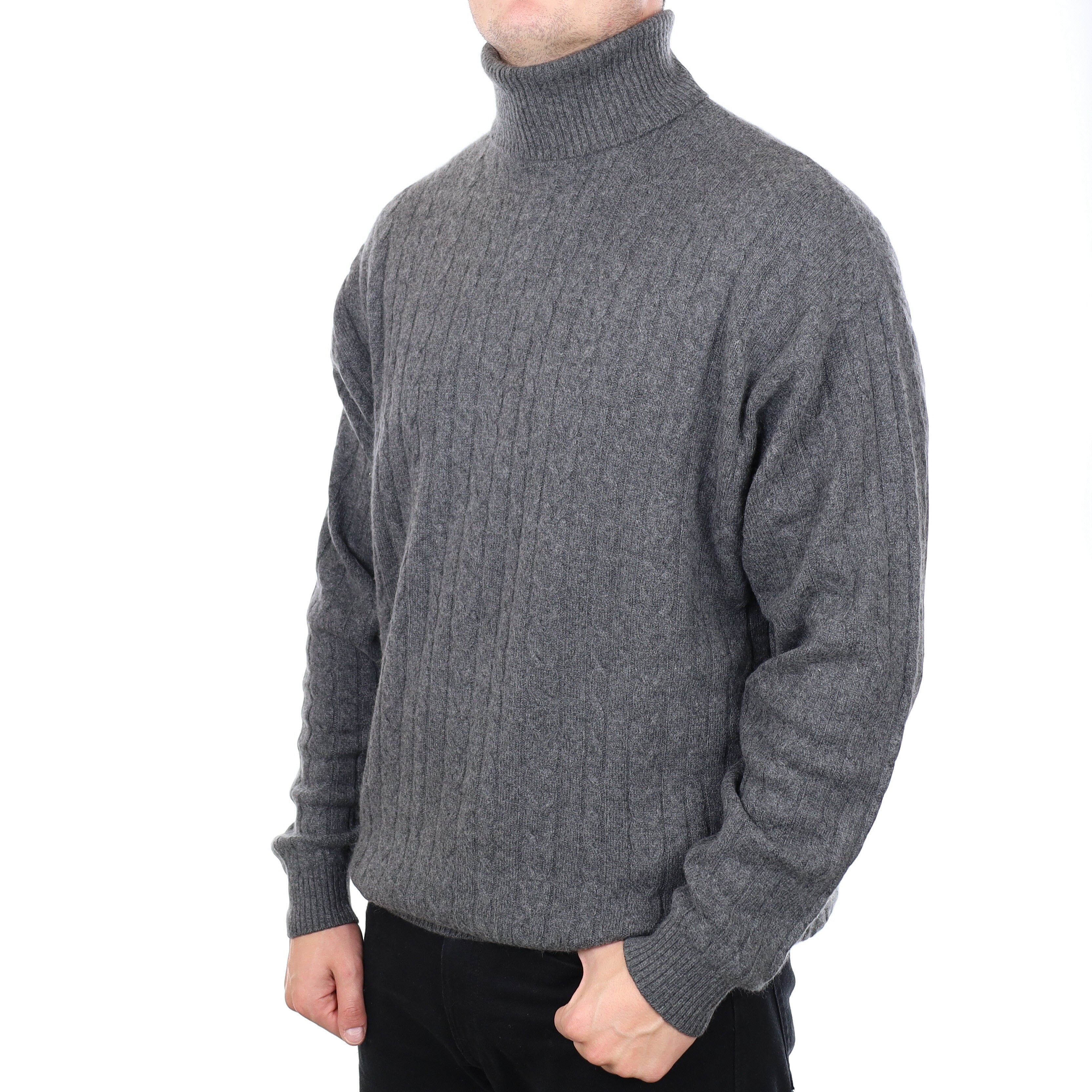 Men's Slate Grey Cable Knit Cashmere Polo Neck Jumper 3XL