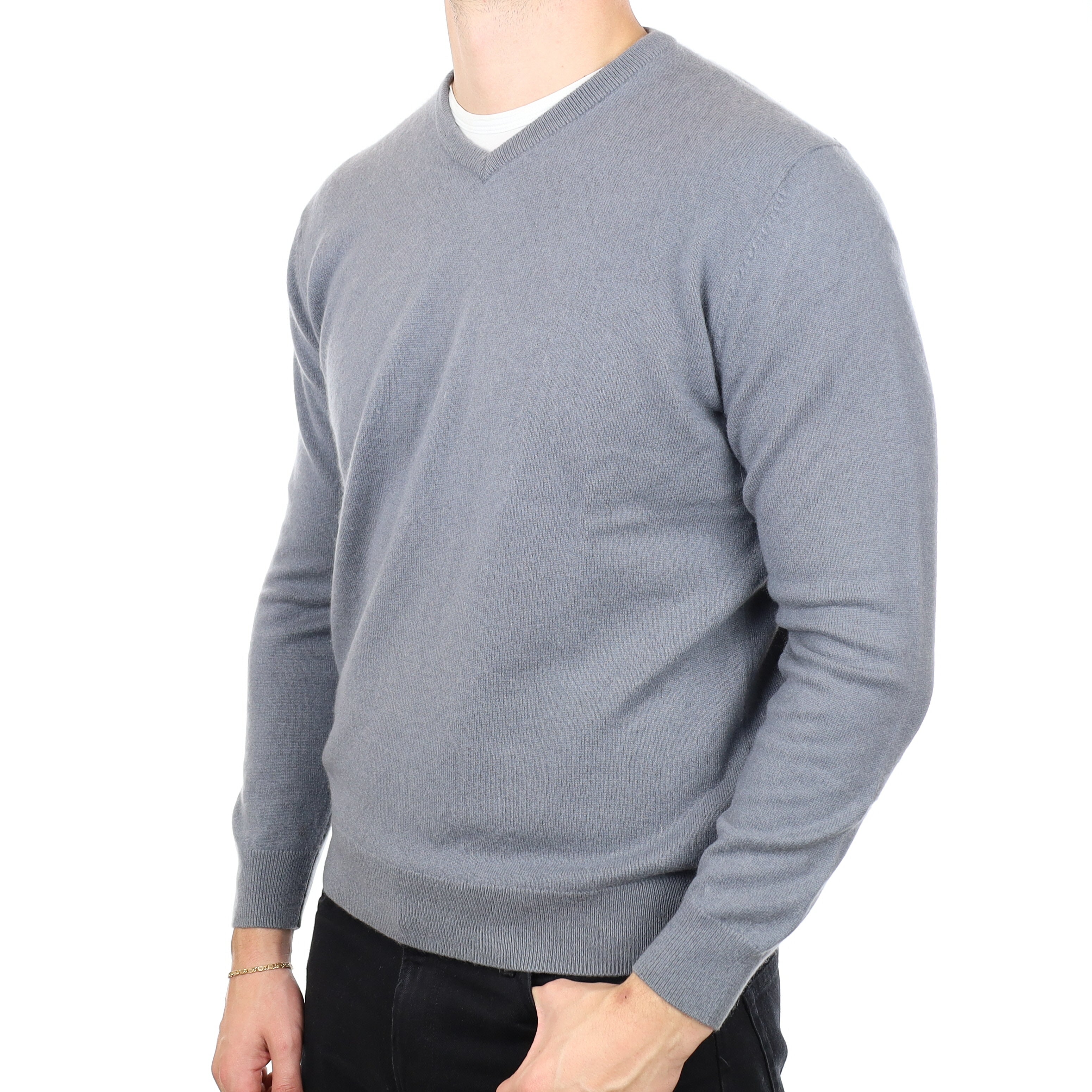 Men's Smoke Blue Cashmere V Neck Jumper XXL