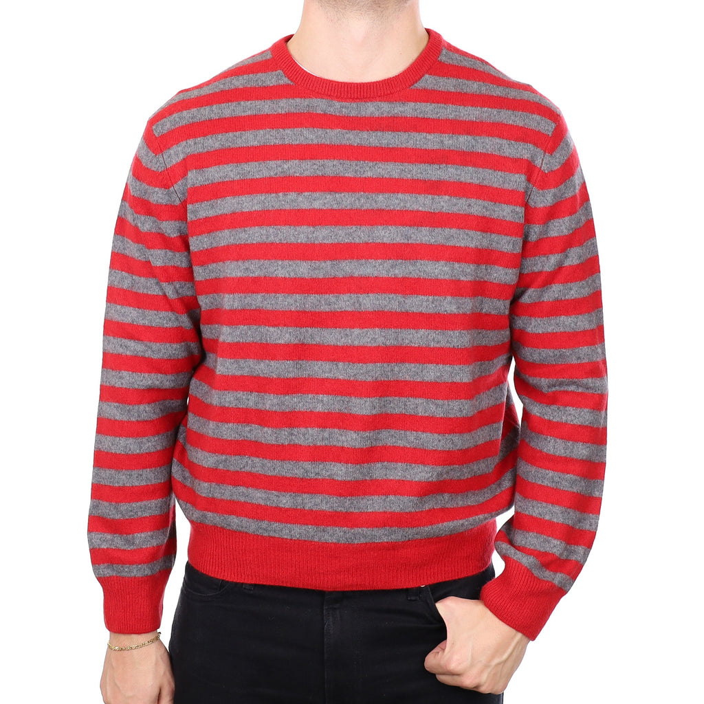 Men's Slate Grey and Red Striped Cashmere Crew Neck Jumper XXL