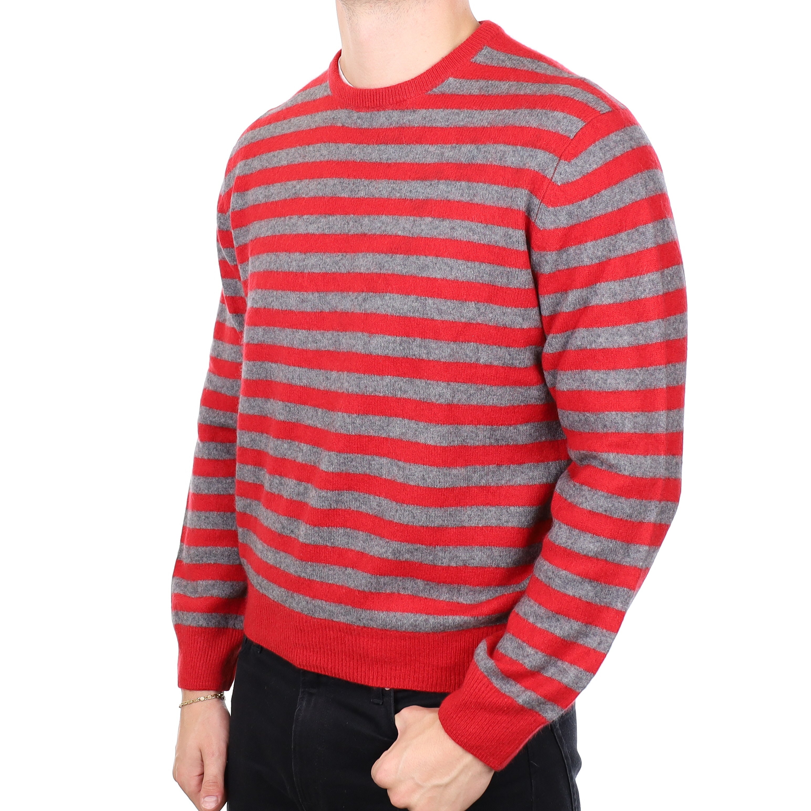 Men's Slate Grey and Red Striped Cashmere Crew Neck Jumper XXL