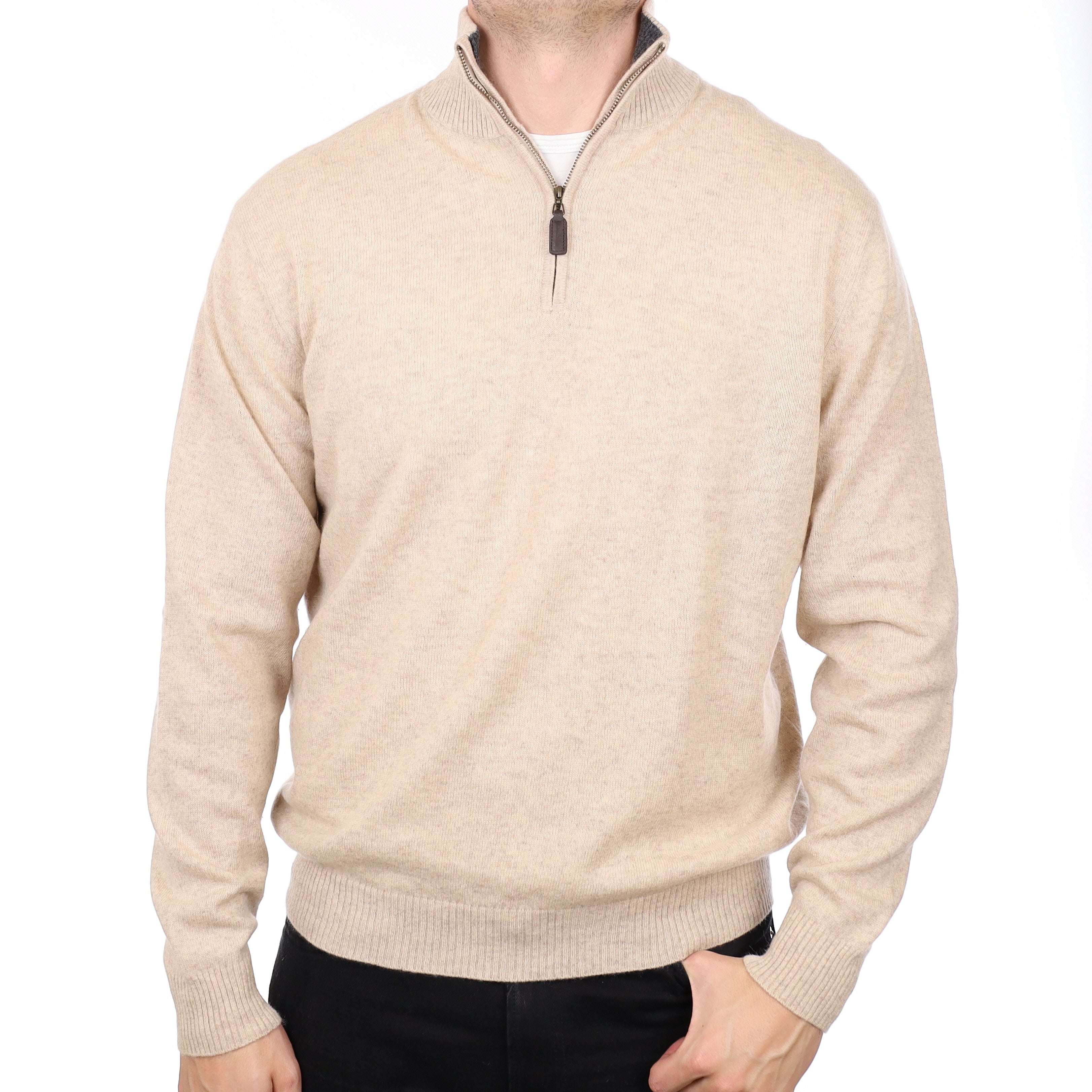 Men's Oatmeal Cashmere Quarter Zip Jumper XXL