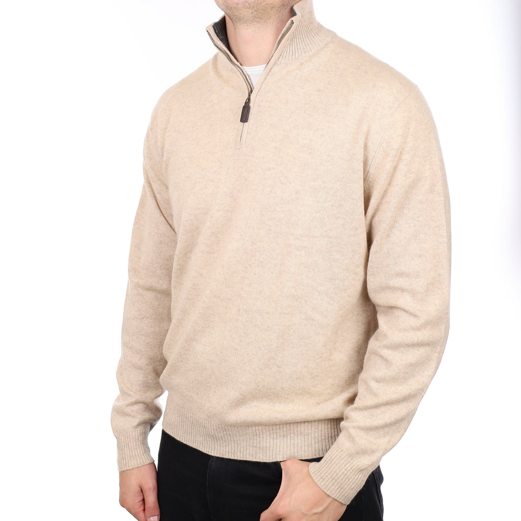 Men's Oatmeal Cashmere Quarter Zip Jumper XXL