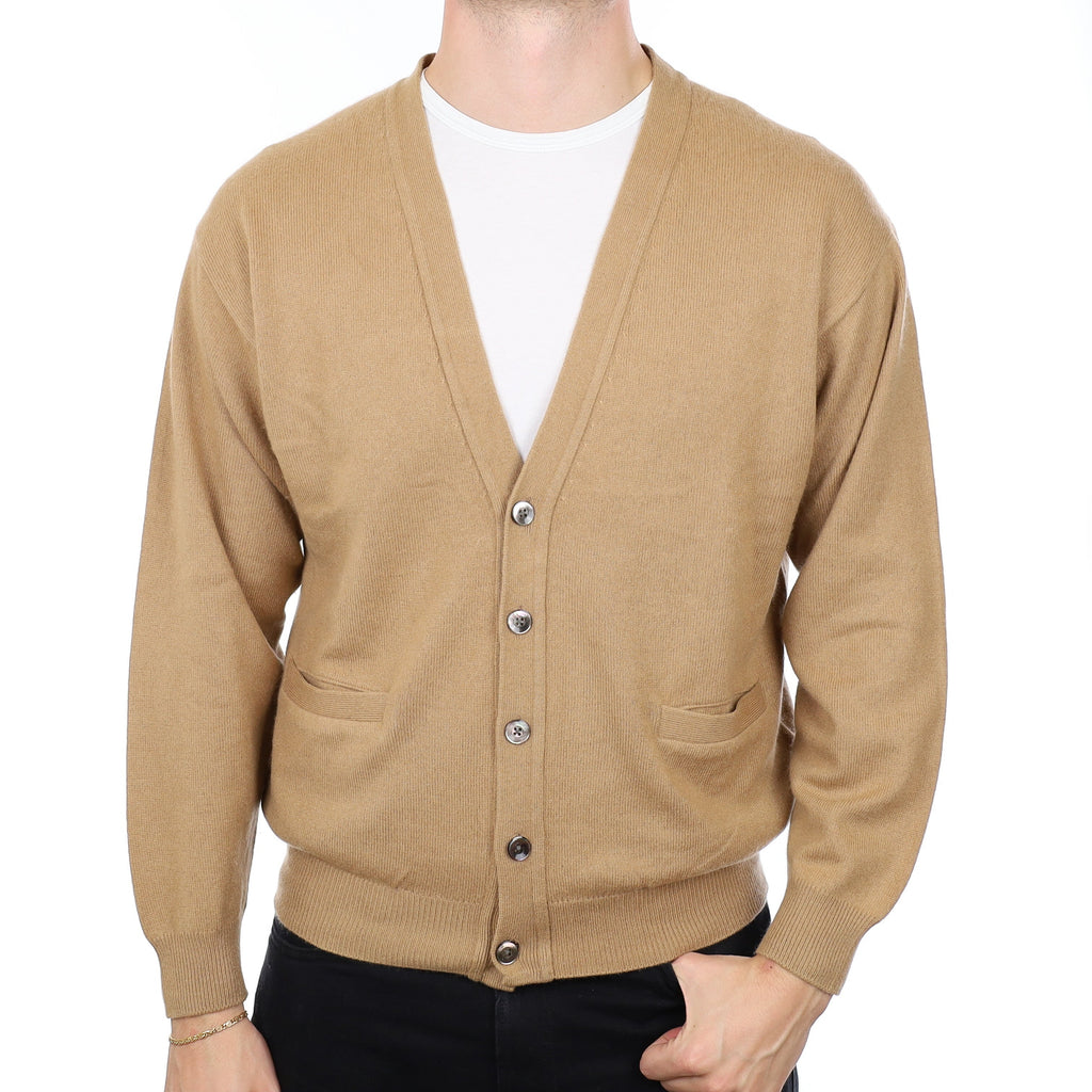 Men's Caramel Cashmere V Neck Cardigan XXL