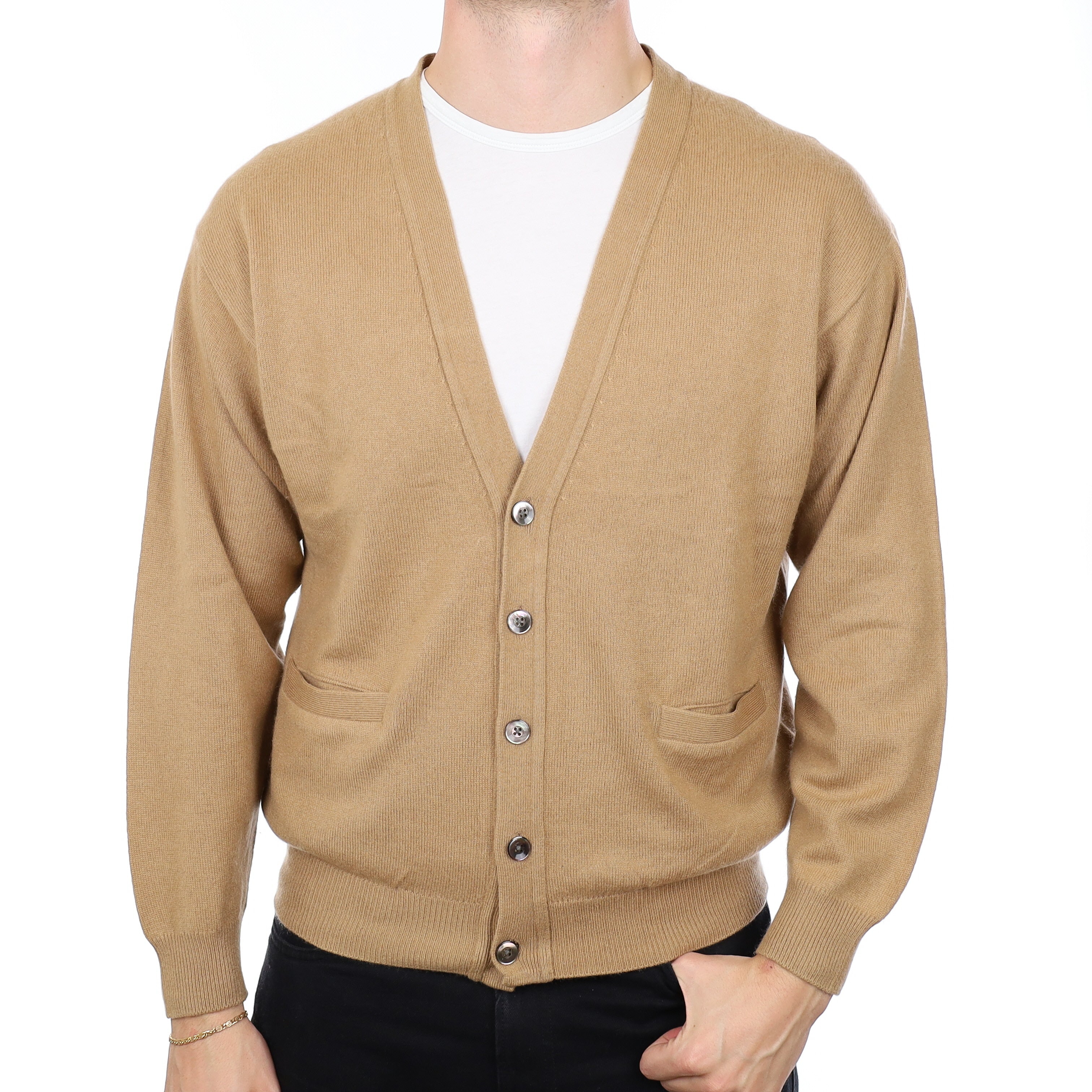 Men's Caramel Cashmere V Neck Cardigan XXL