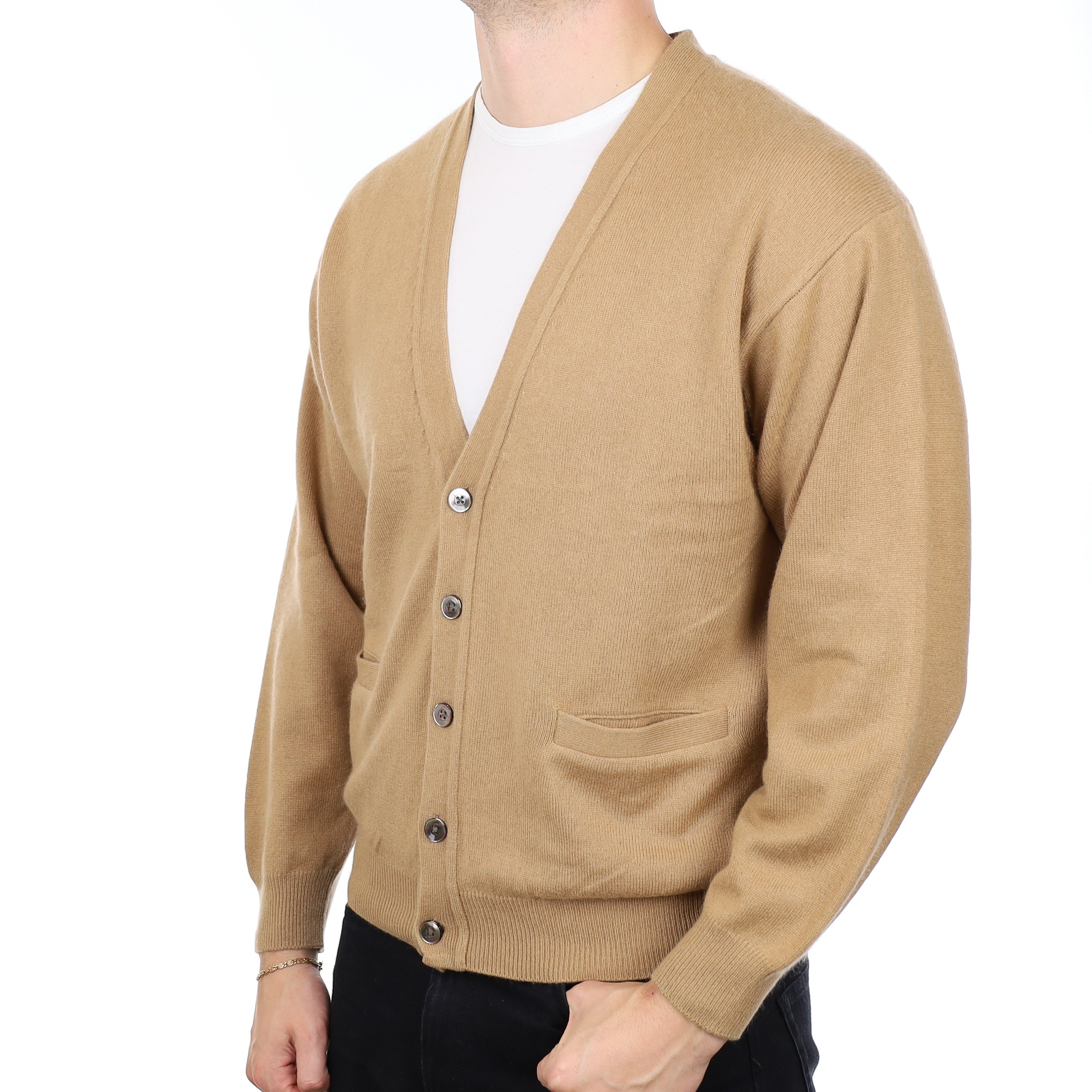 Men's Caramel Cashmere V Neck Cardigan XXL