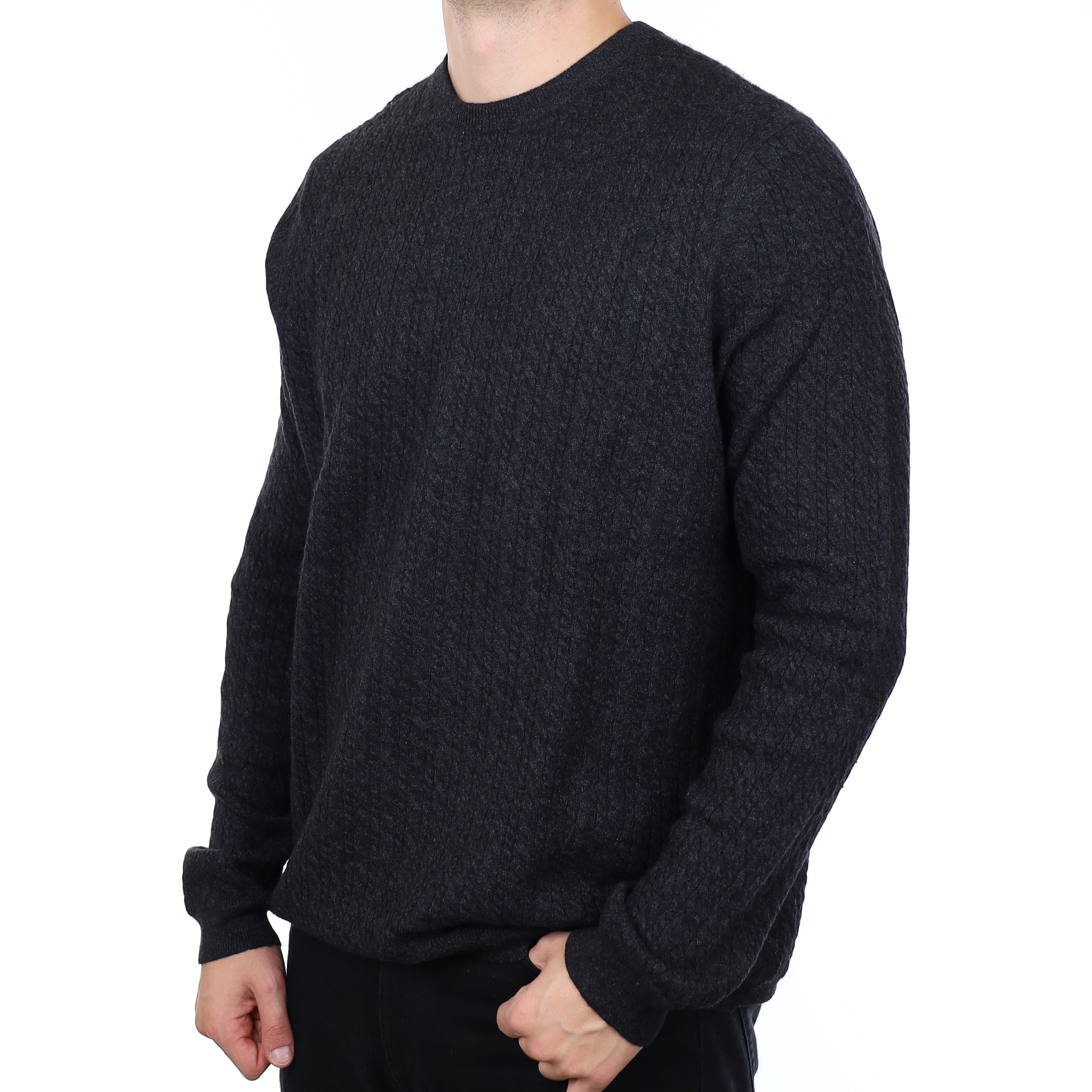Men's Charcoal Grey Cable Knit Cashmere Crew Neck Jumper XXL