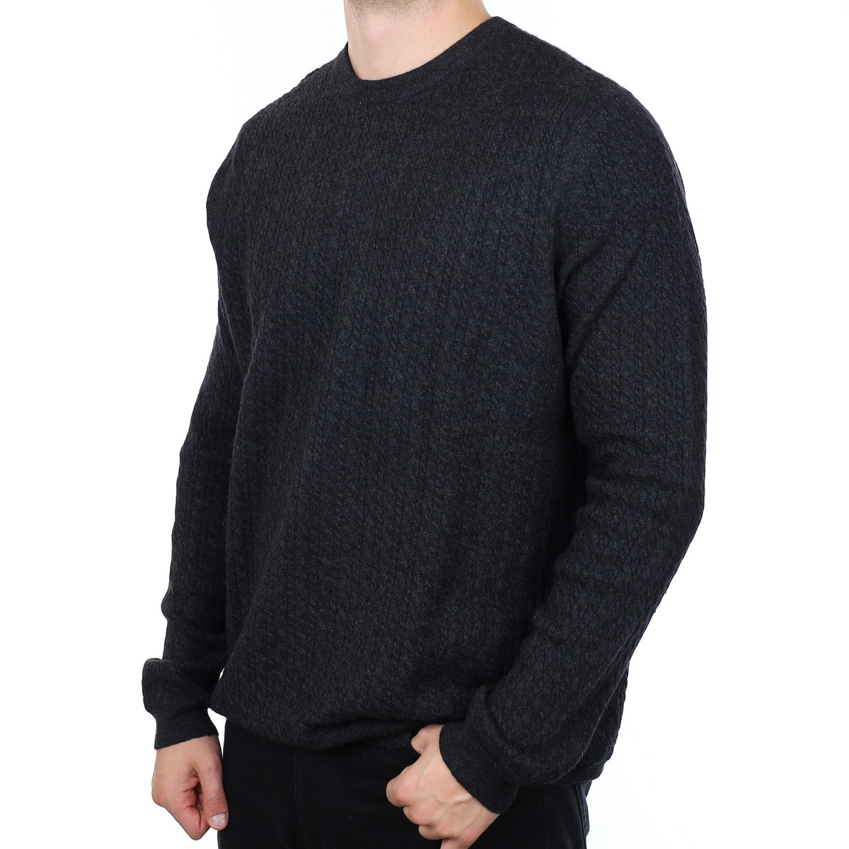 Men's Charcoal Grey Cable Knit Cashmere Crew Neck Jumper XXL