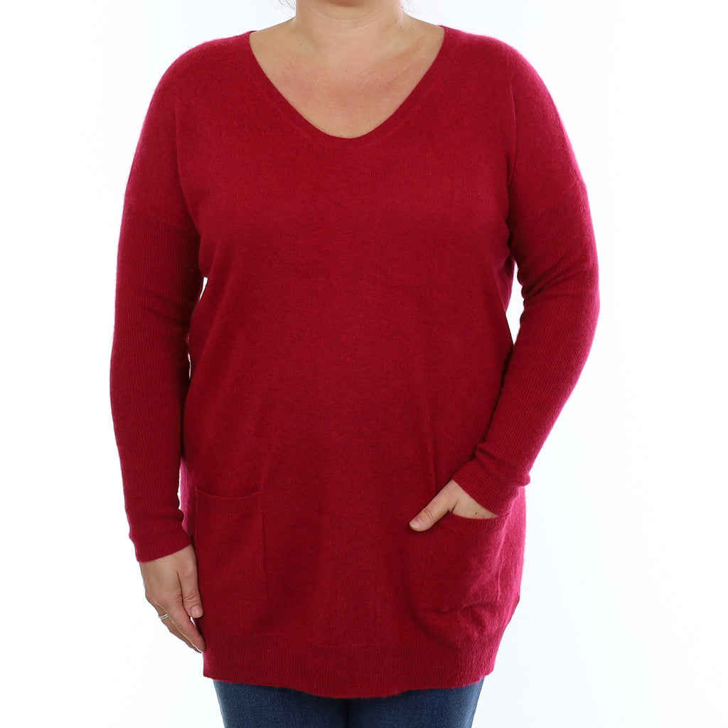 Cranberry Red Cashmere Crew Neck Tunic with Pockets Large