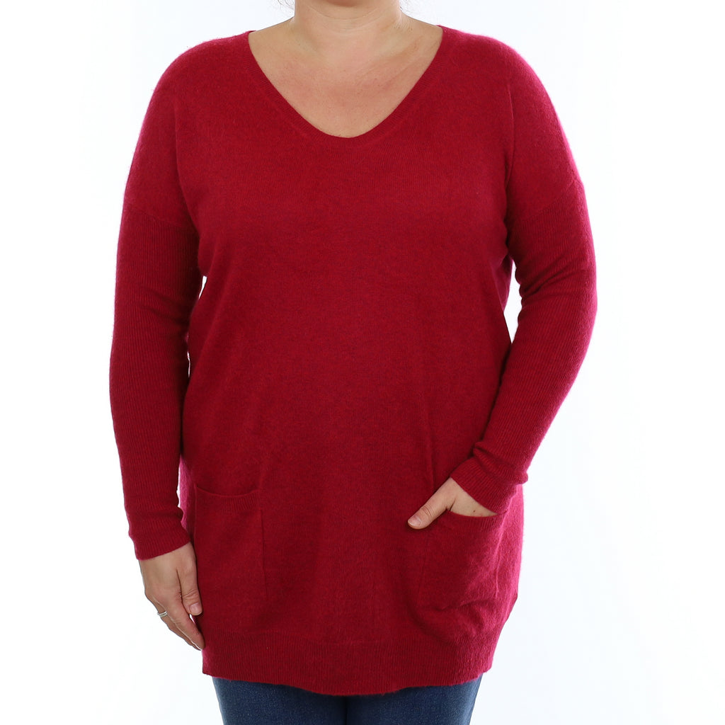 Cranberry Red Cashmere Crew Neck Tunic with Pockets Large