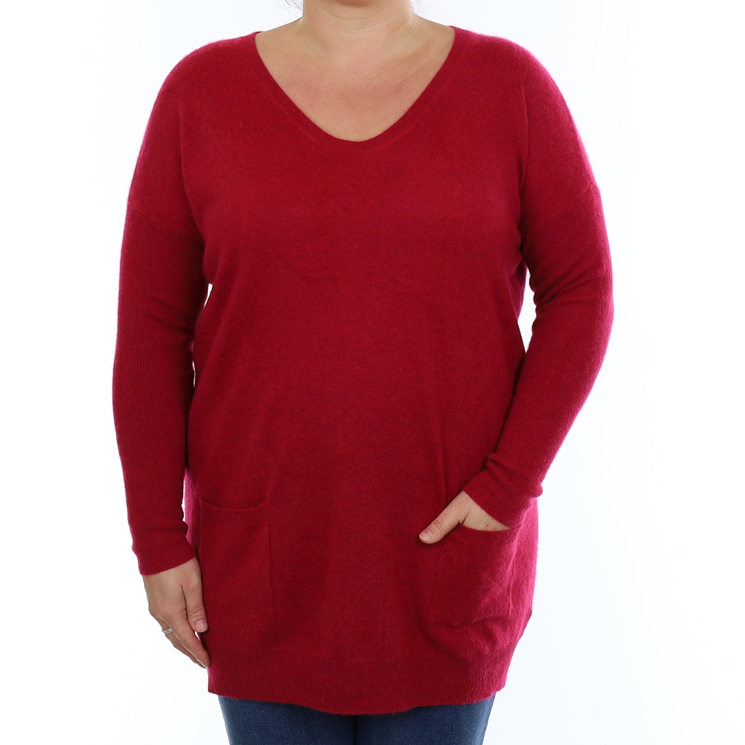 Cranberry Red Cashmere Crew Neck Tunic with Pockets Large