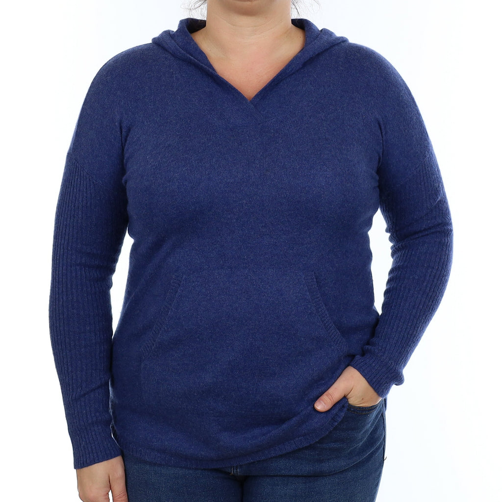 Deep Denim Cashmere Hoodie with Pouch Pocket Large