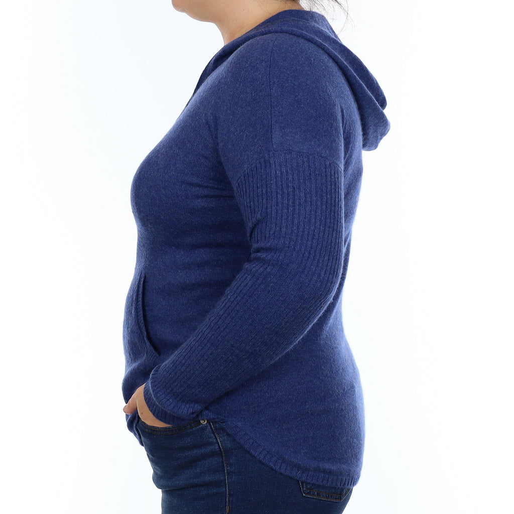 Deep Denim Cashmere Hoodie with Pouch Pocket Large
