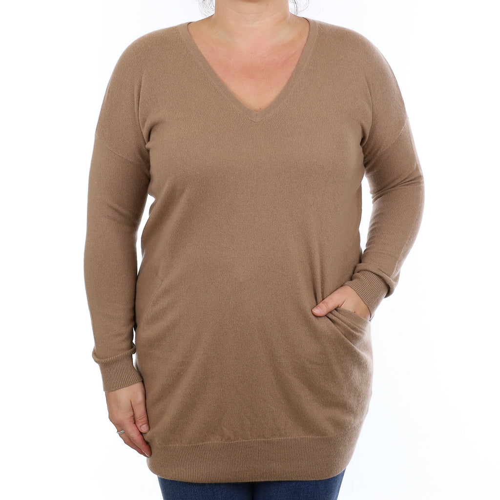 Peanut Brown Cashmere V Neck Tunic Jumper with Pockets Large