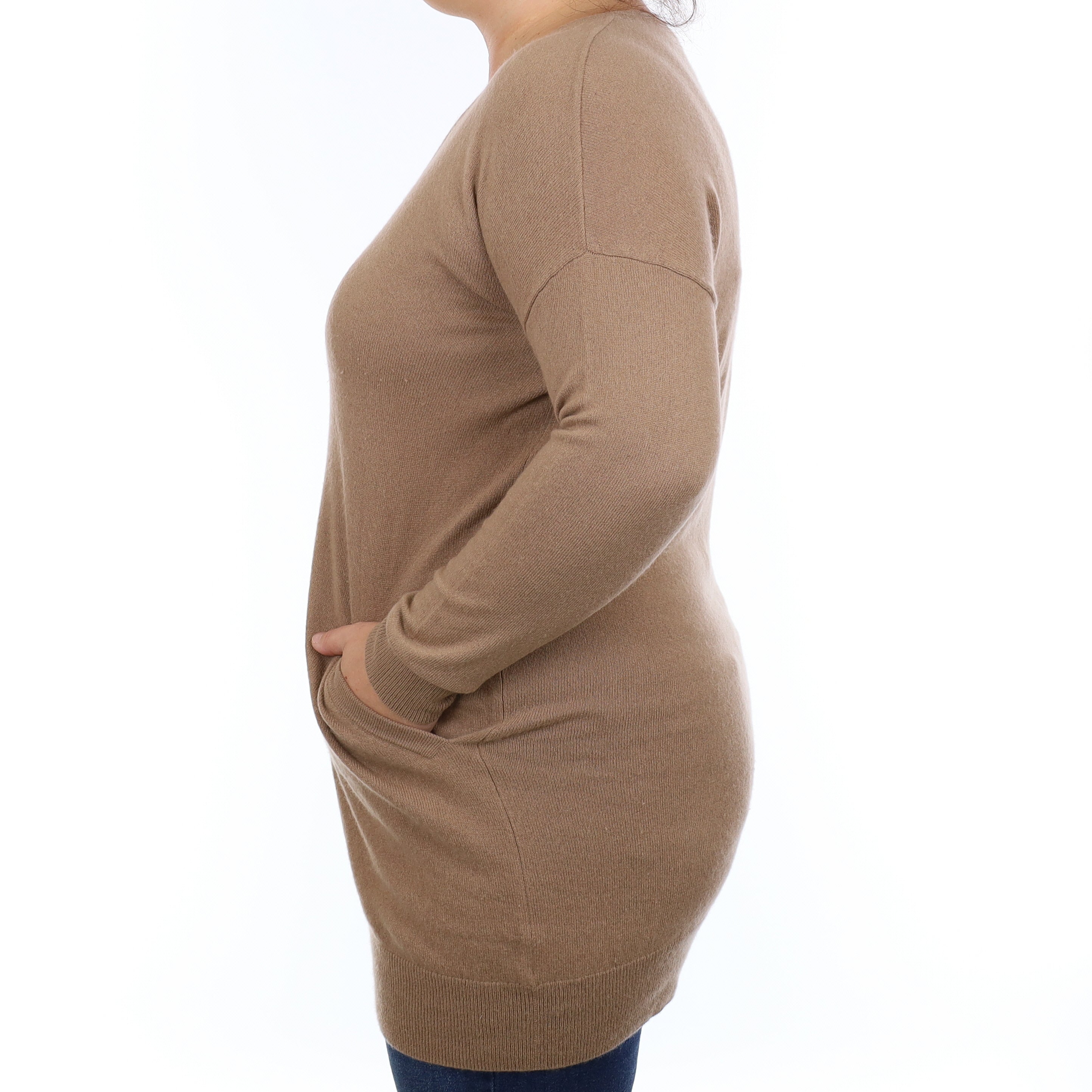 Peanut Brown Cashmere V Neck Tunic Jumper with Pockets Large