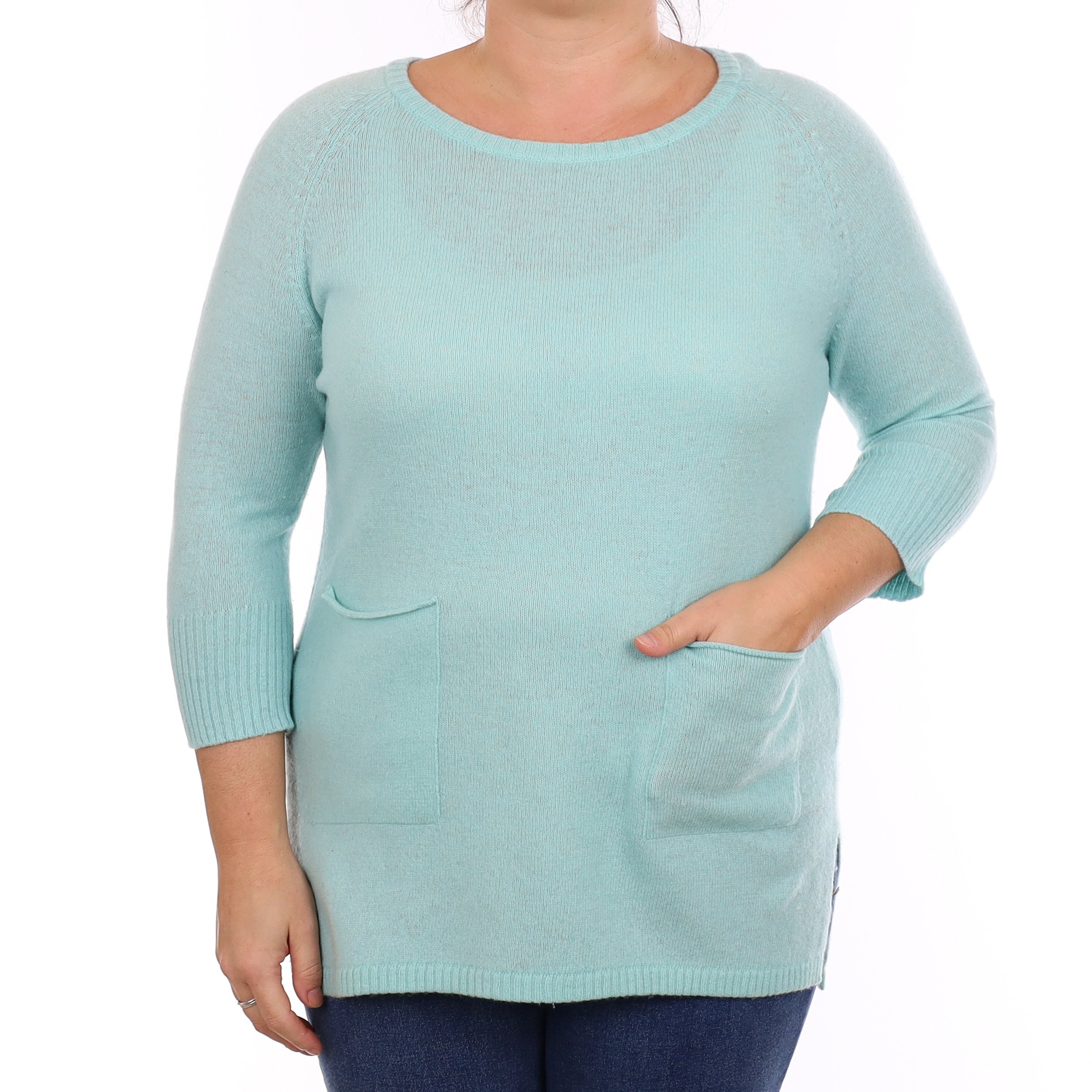 Mint Green Cashmere Crew Neck Tunic Jumper with Pockets Large