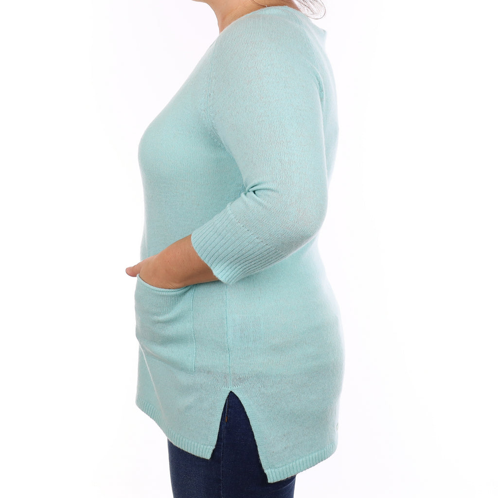 Mint Green Cashmere Crew Neck Tunic Jumper with Pockets Large