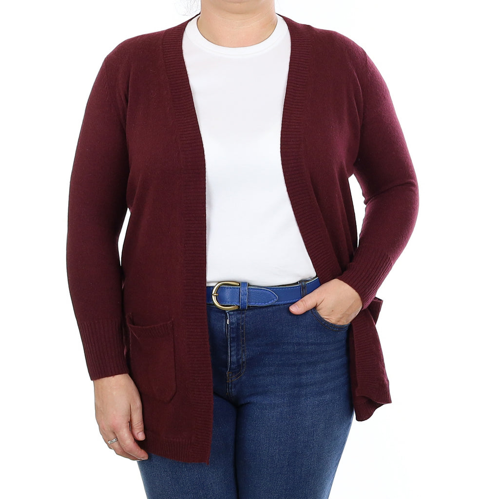 Wine Red Cashmere Edge to Edge Cardigan with Pockets Large