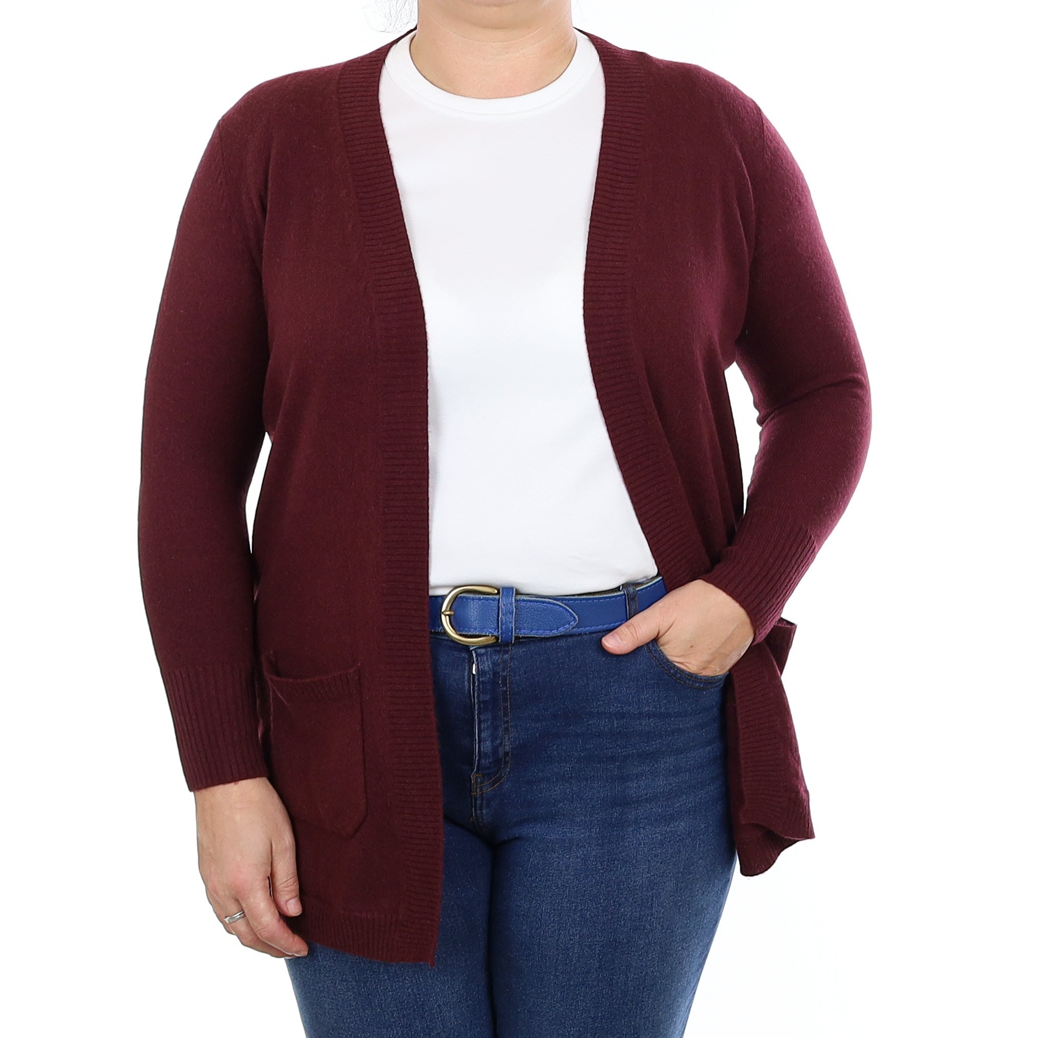 Wine Red Cashmere Edge to Edge Cardigan with Pockets Large