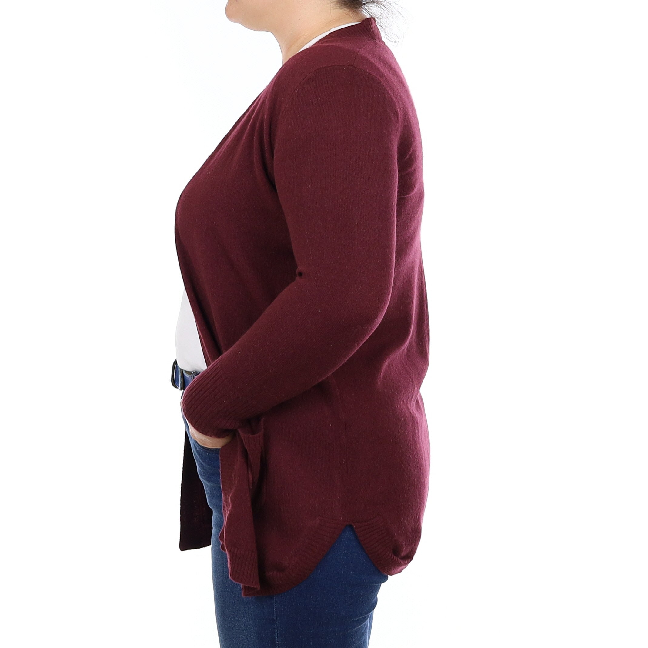 Wine Red Cashmere Edge to Edge Cardigan with Pockets Large