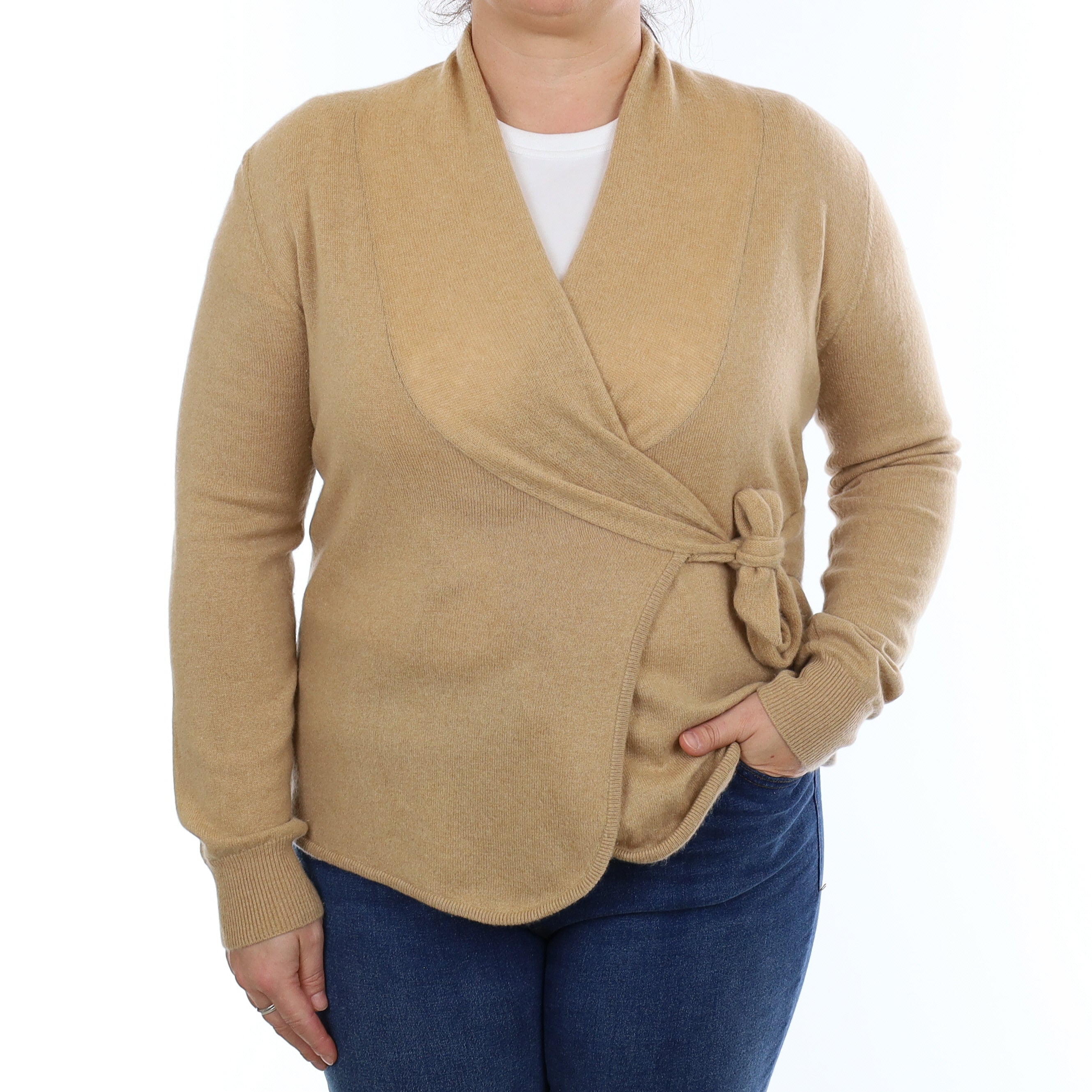 Repeat Caramel Brown Cashmere Cross Over V Neck Cardigan Large