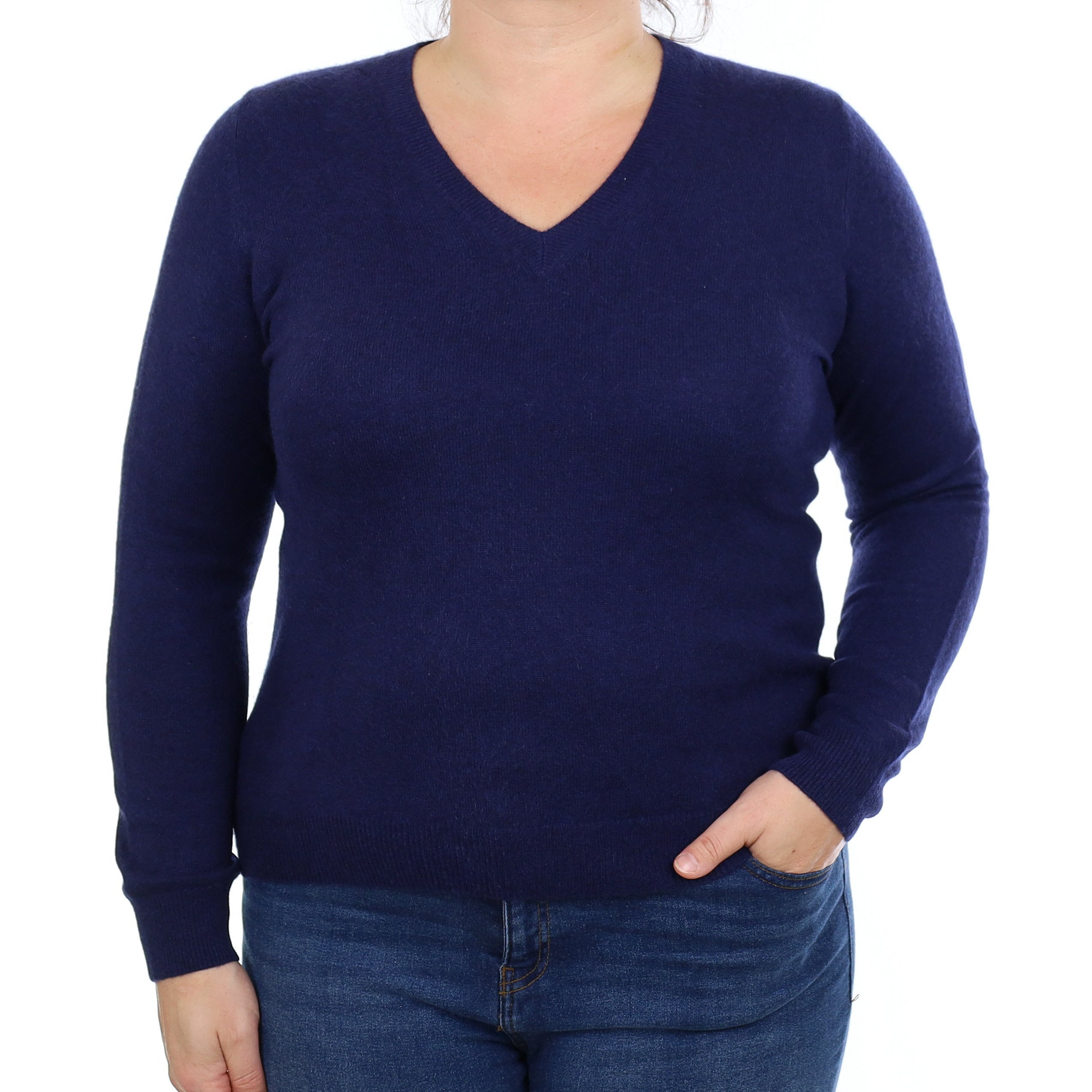 Navy Cashmere V Neck Jumper Large
